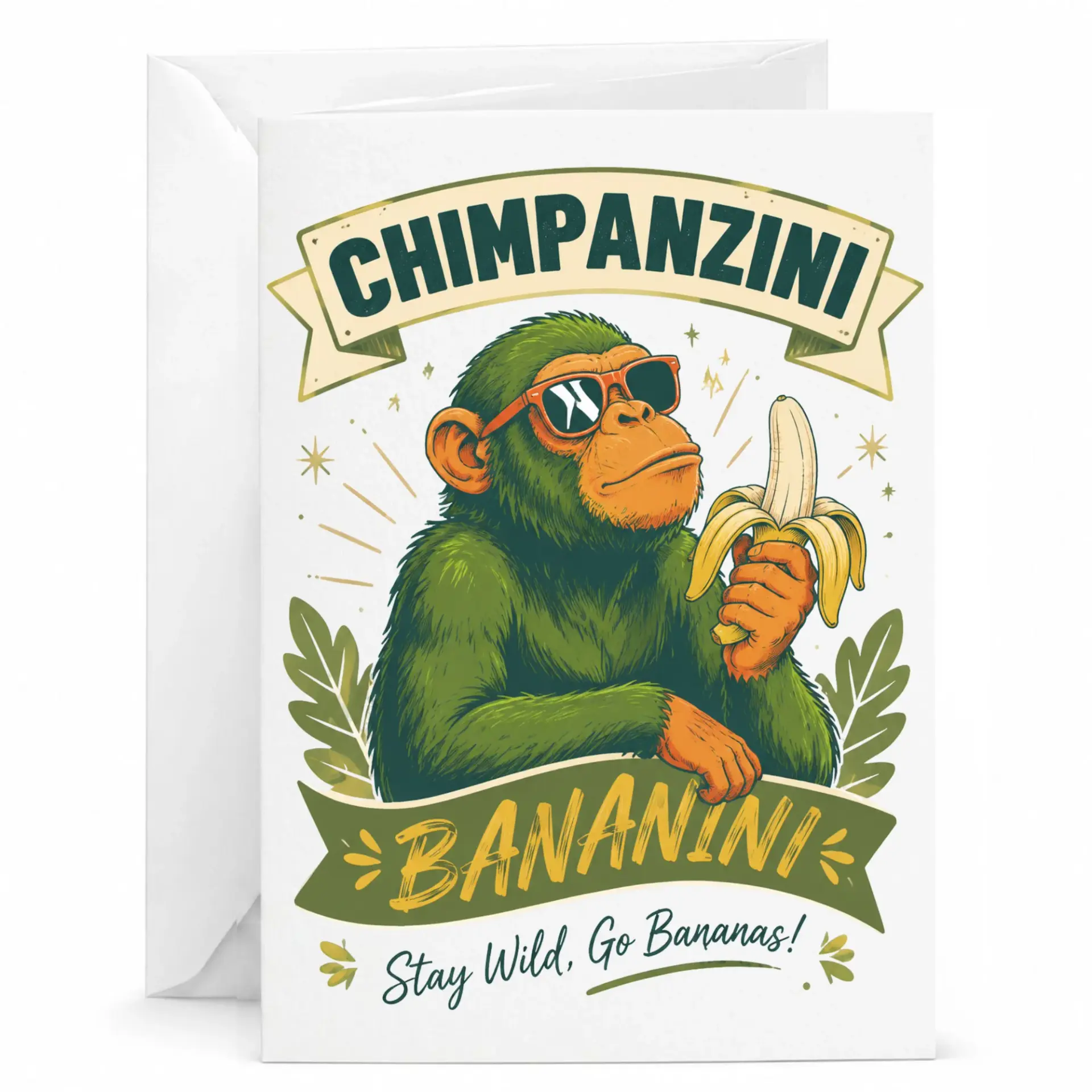 Funny Chimpanzee Greeting Card with Banana Illustration Quirky Animal Birthday for Friends 5x7 Folded Note
