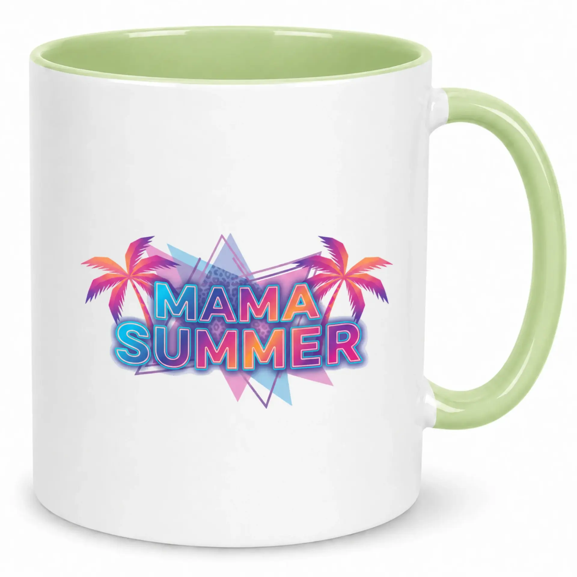 Mama Summer Coffee Mug, Retro 80s 90s Style Ceramic Mug with Vibrant Palm Tree and Geometric Design, Fun Drinkware Gift for Moms