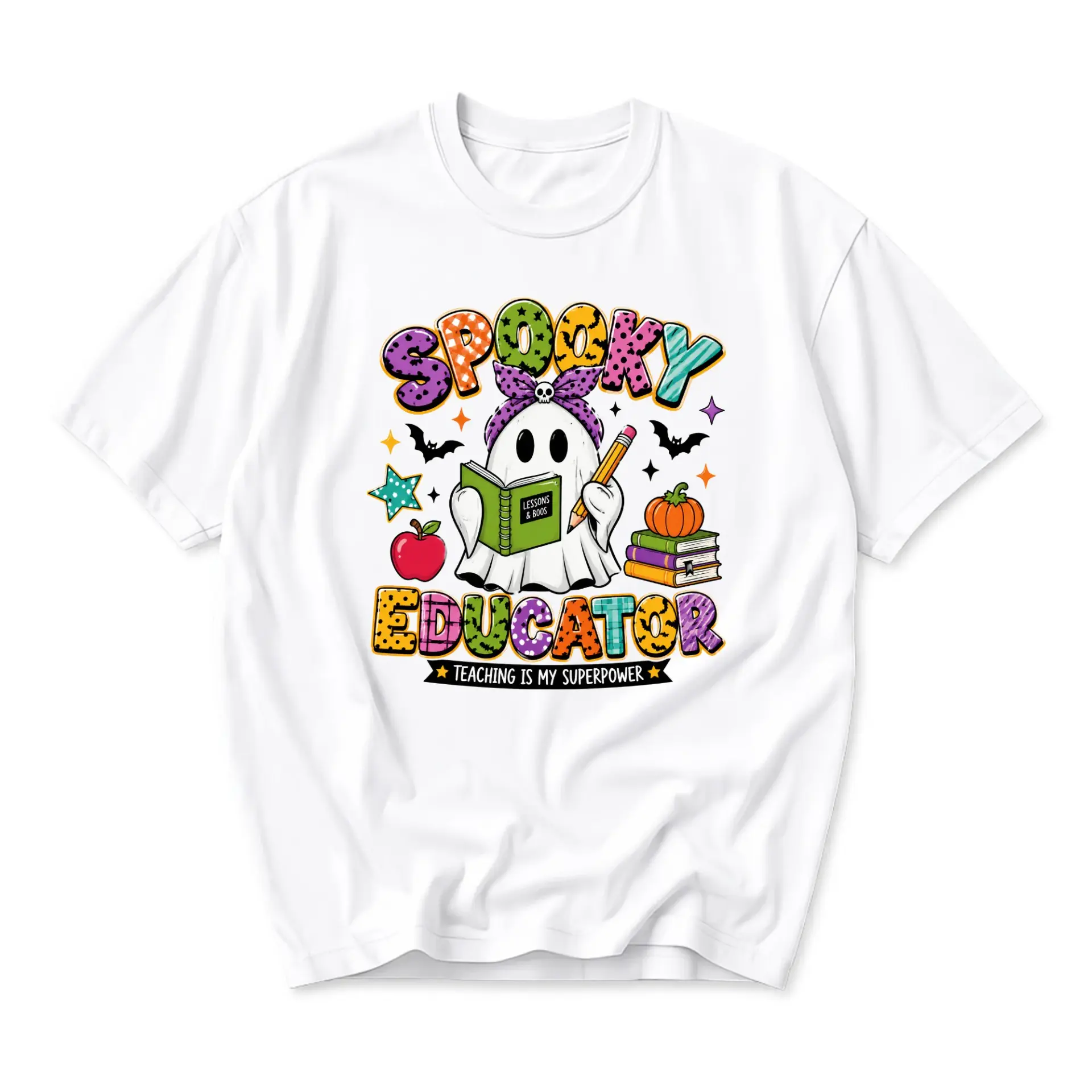 Graphic Tee Spooky Educator Shirt Funny Ghost Reading Book Teacher Apparel Casual Unisex Crew Neck Short Sleeve Top