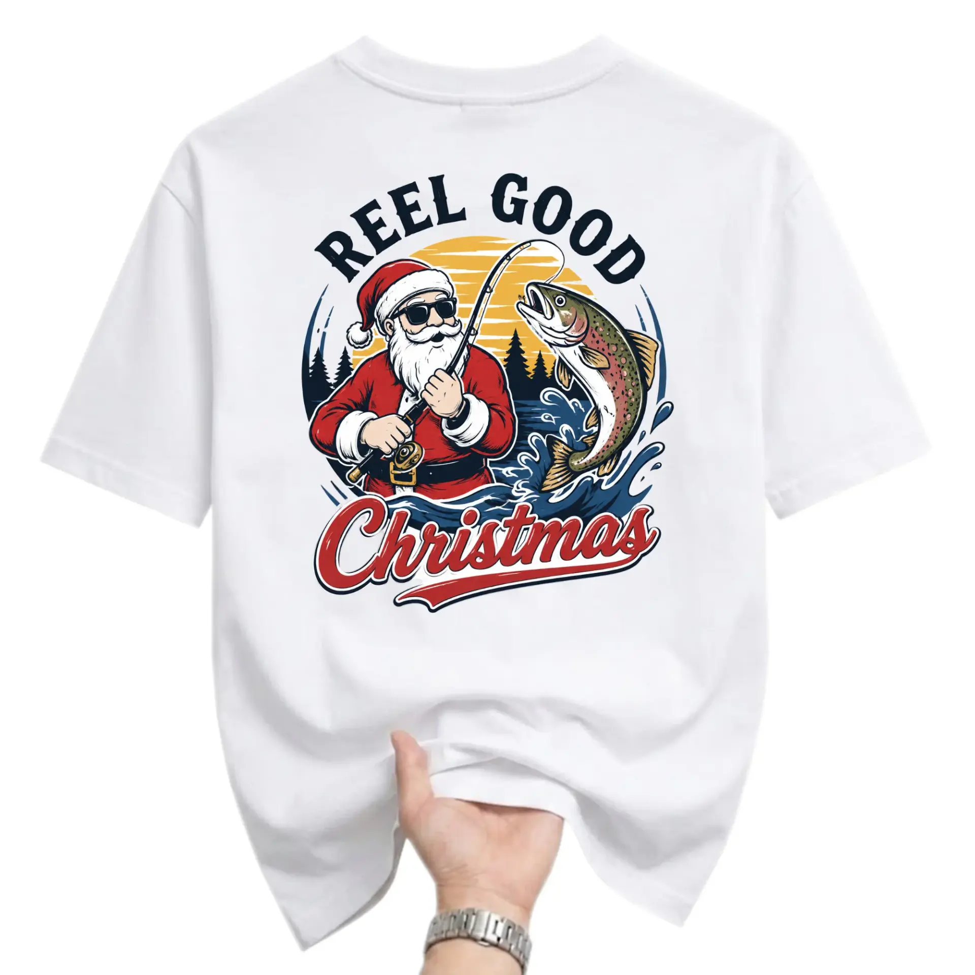 Funny Shirt Reel Good Christmas Santa Fishing Graphic Tee Holiday Seasonal