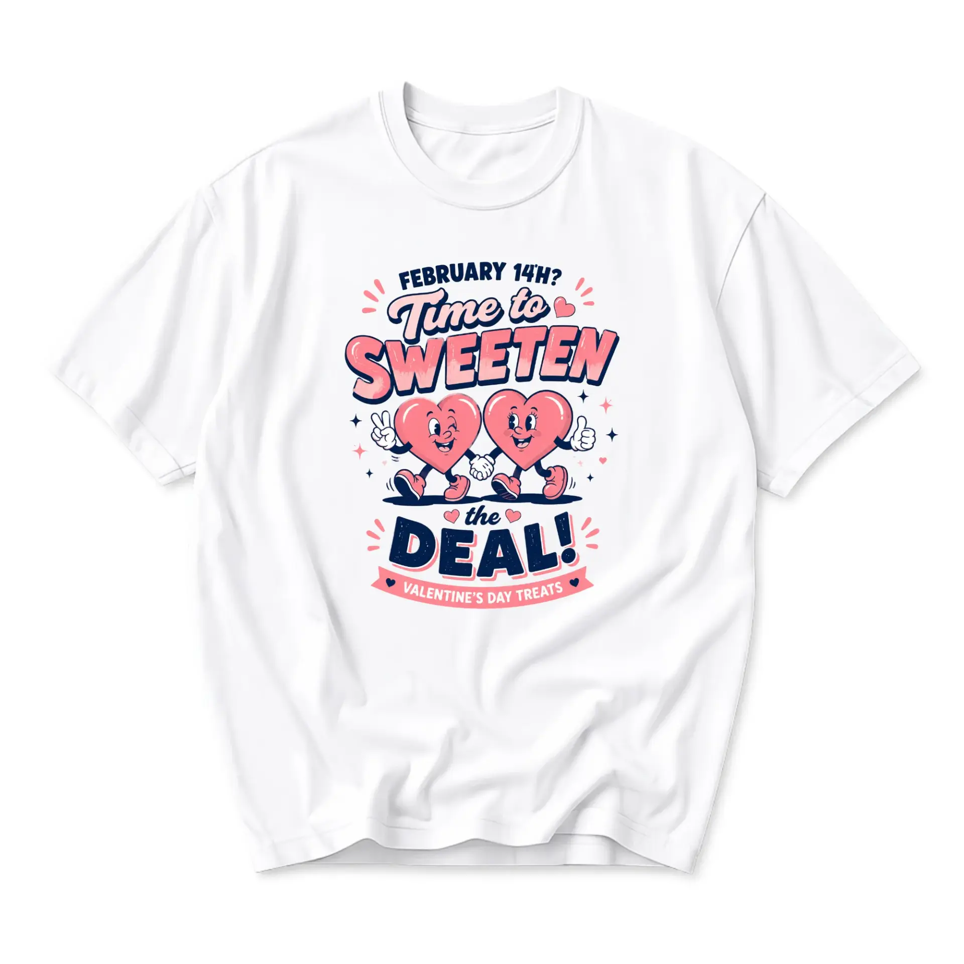 Funny Shirt Valentine Graphic Tee Time to Sweeten the Deal Heart Characters Casual Unisex Crew Neck Cotton Top White
