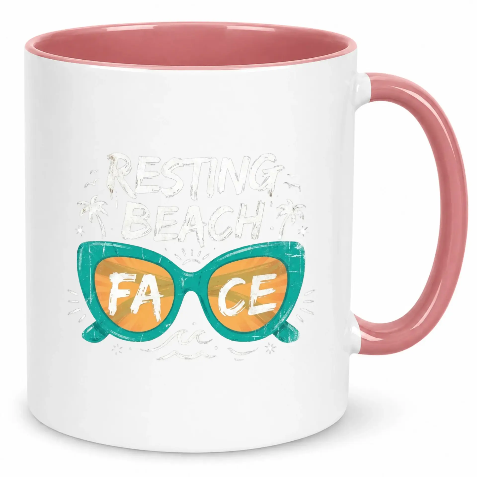Funny Beach Themed Ceramic Coffee Mug, Resting Beach Face Design, 11oz or 15oz Capacity, Pink Handle & Interior for Summer Drinks