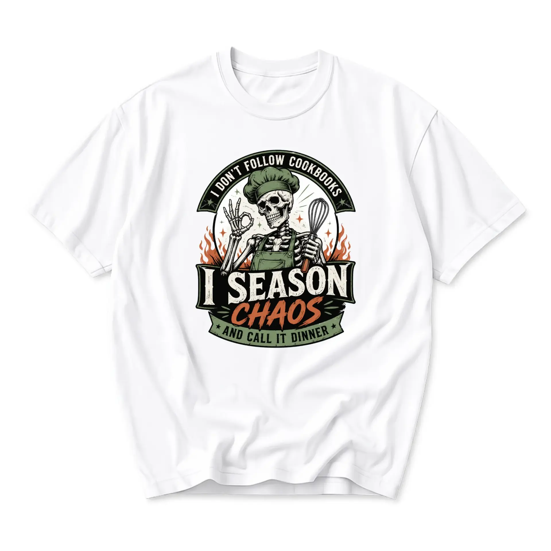 Funny Shirt I Season Chaos Chef Skeleton Graphic Tee Unisex Casual Apparel for Home Cooks and Food Enthusiasts White