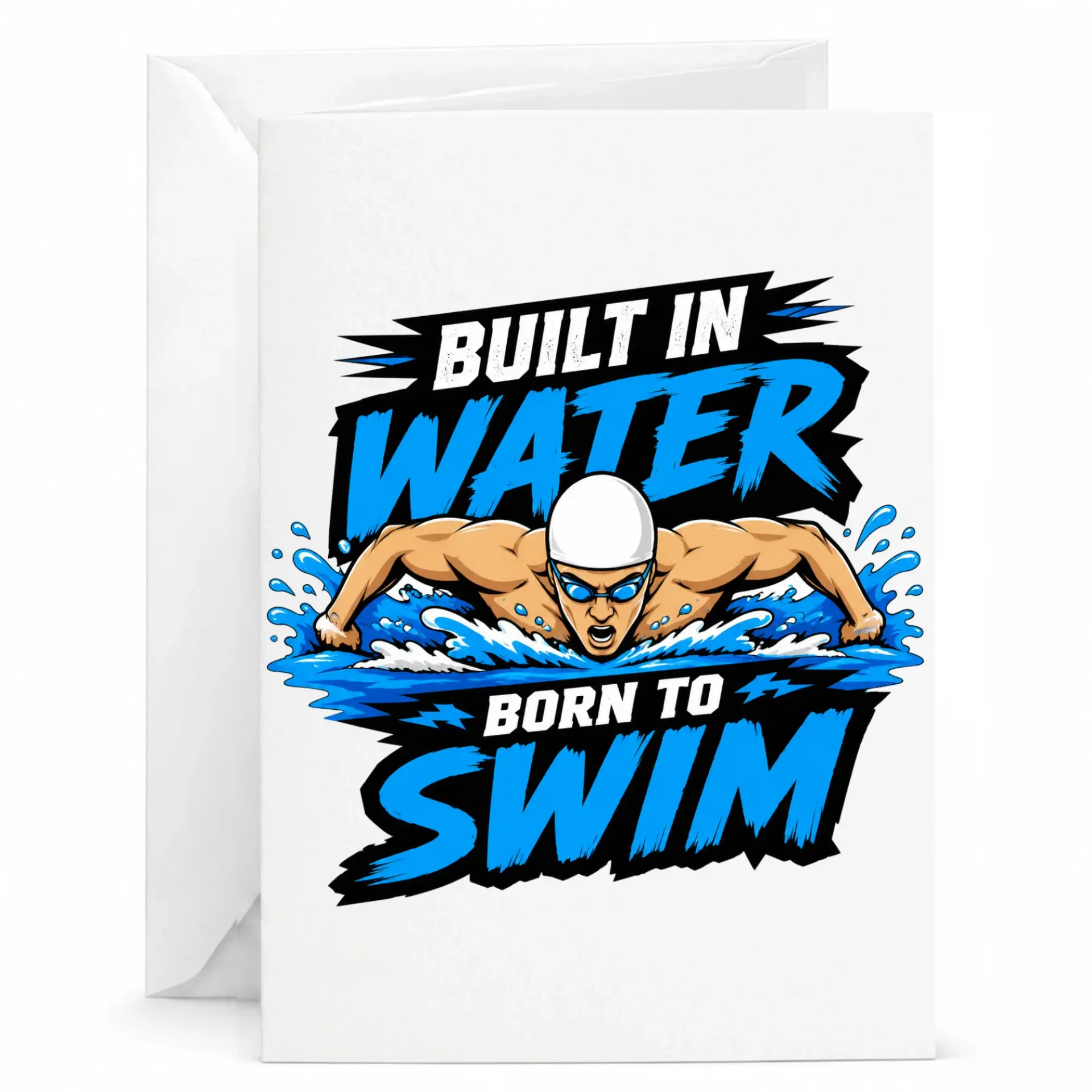Greeting Card Built in Water Born to Swim Illustration for Swimmer Athlete Sports Enthusiast Folded Note Paper