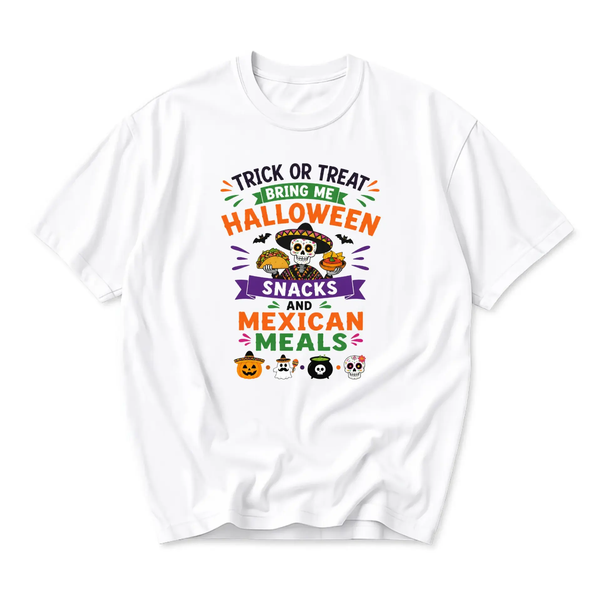 Graphic Tee Trick or Treat Bring Me Halloween Snacks and Mexican Meals Funny Sugar Skull Foodie Costume Shirt