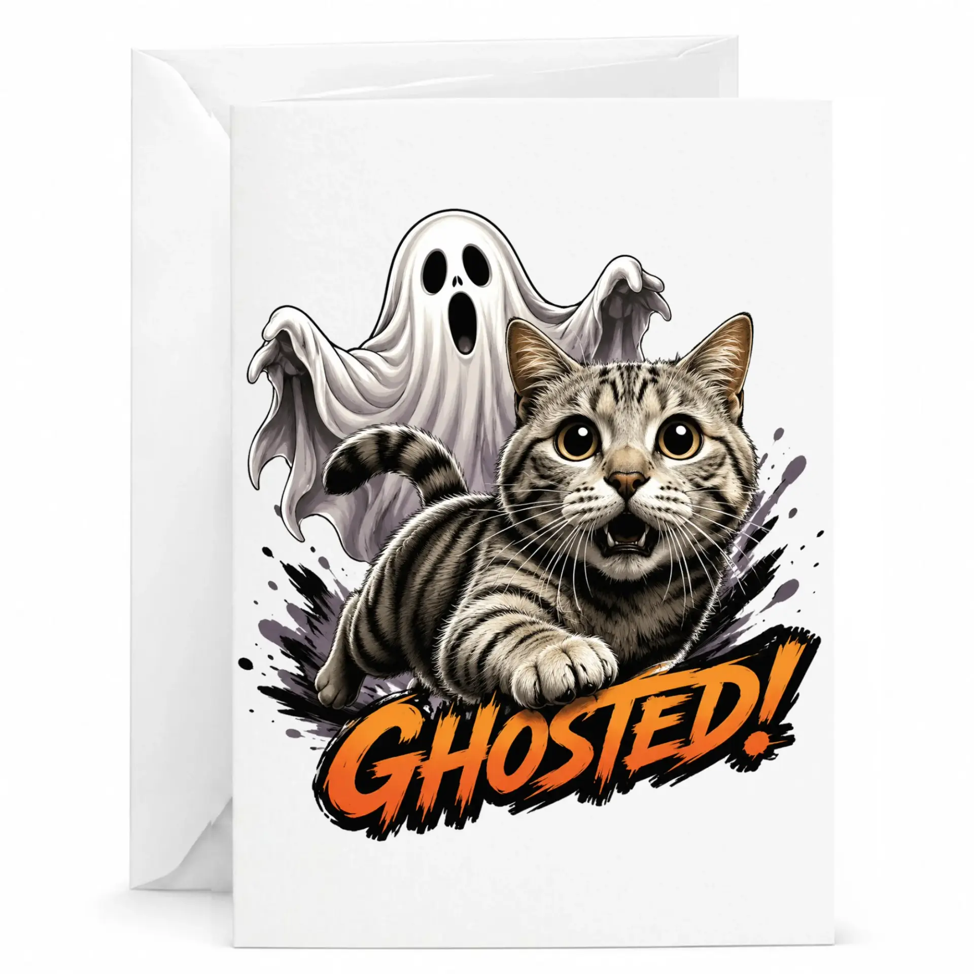 Funny Ghosted Greeting Card with Cat and Design Whimsical Cartoon Halloween Theme 5x7 Folded Note
