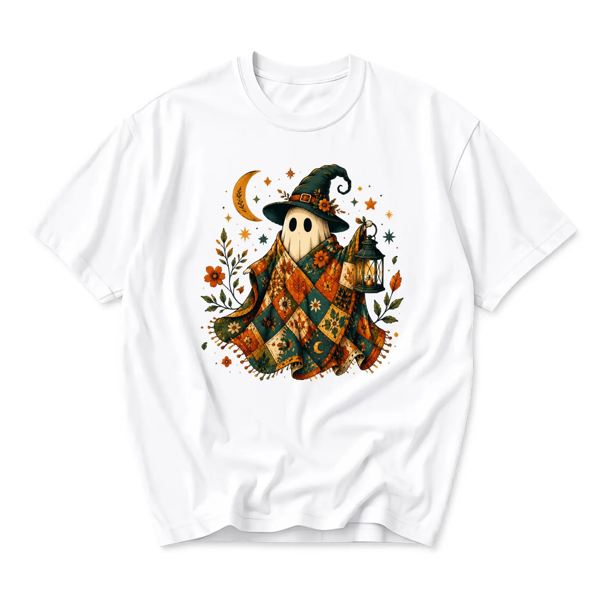Graphic Tee Cute Ghost Wearing Quilt Blanket Witch Hat Holding Lantern Autumn Fall Season Unisex Crew Neck T-Shirt