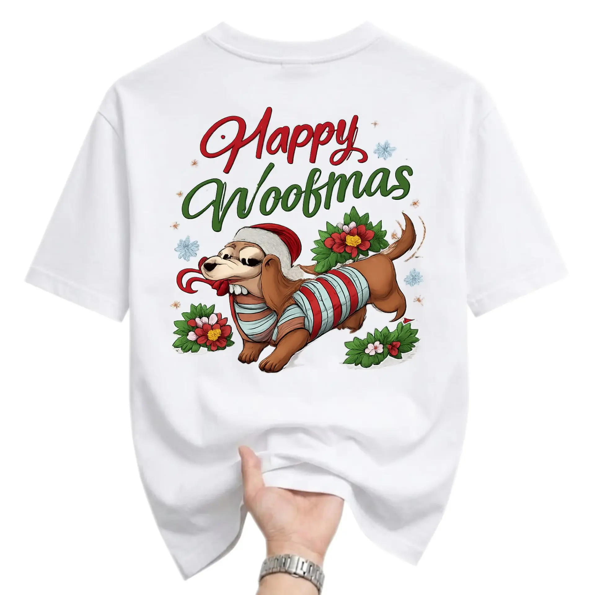 Funny Shirt Happy Woofmas Dachshund Christmas Graphic Tee Unisex Crew Neck
