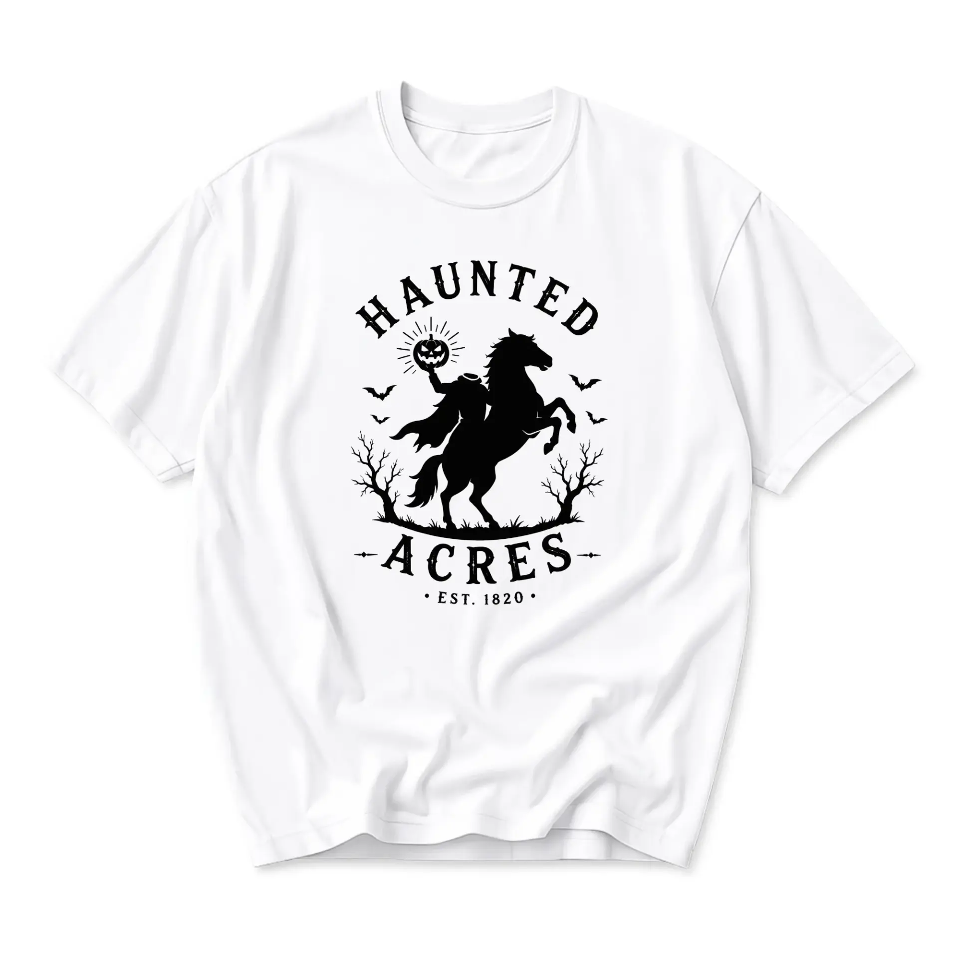 Graphic Tee Haunted Acres Est 1820 Silhouette Horseman Unisex Crew Neck Shirt for Casual Wear and Fall Holiday Style
