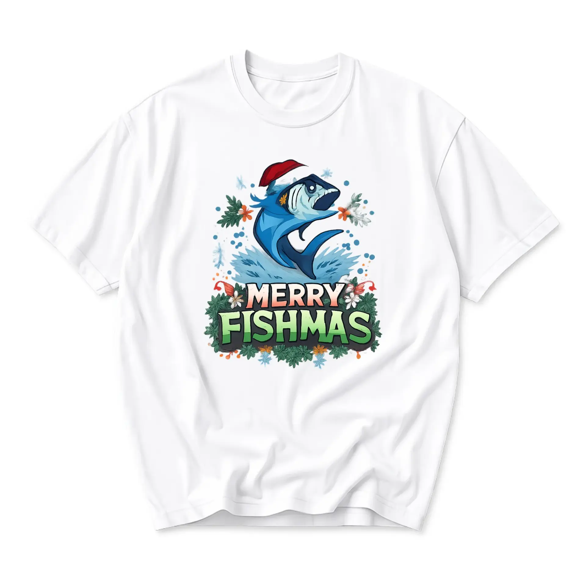 Funny Shirt Merry Fishmas Holiday Graphic Tee Unisex Casual Short Sleeve Crew Neck Cotton Blend Apparel for Fishing Fan