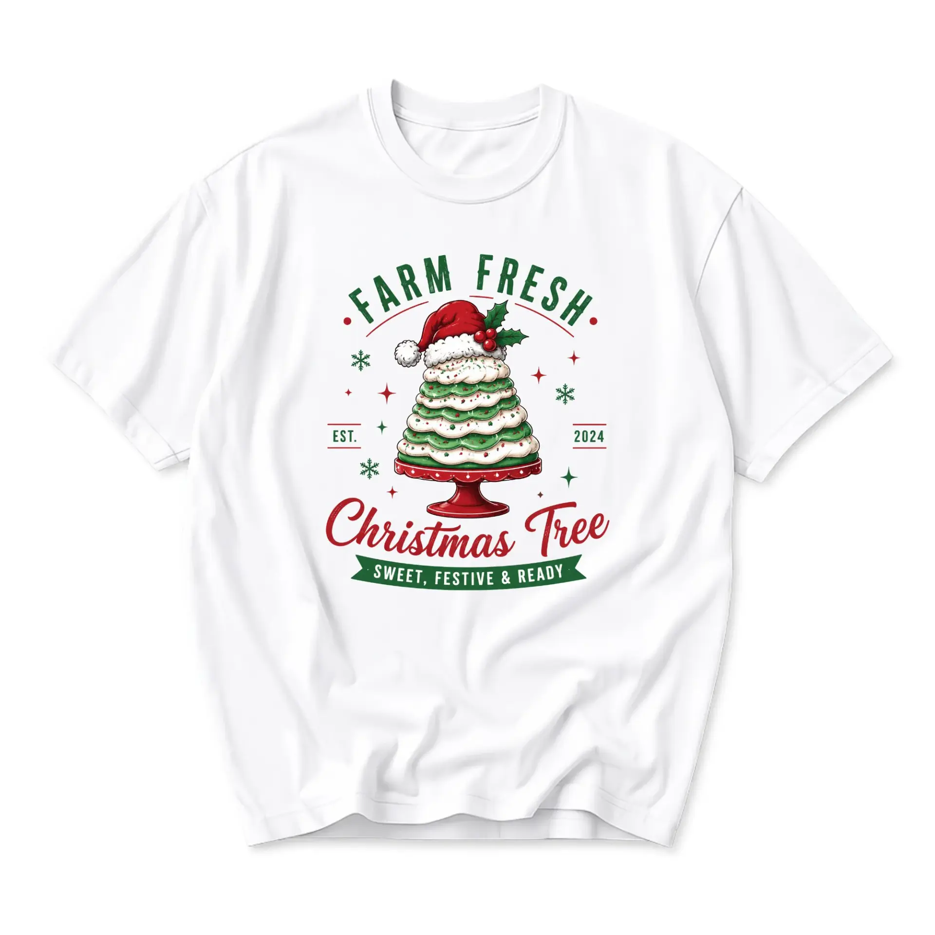 Graphic Tee Fresh Christmas Tree Holiday Dessert Design Unisex Short Sleeve Casual Crew Neck Apparel White Shirt