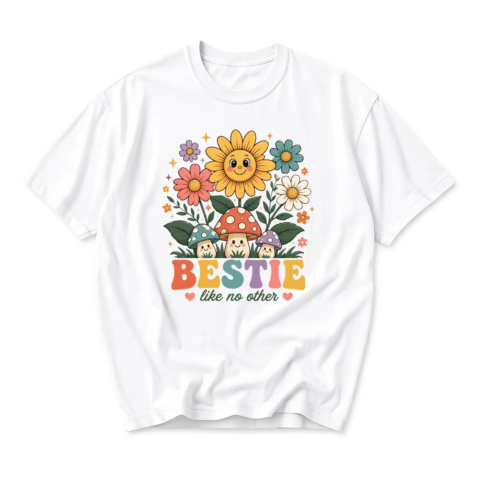 Graphic Tee Bestie Mushroom Sunflower Shirt Casual Unisex Crew Neck Top Soft Cotton Everyday Apparel