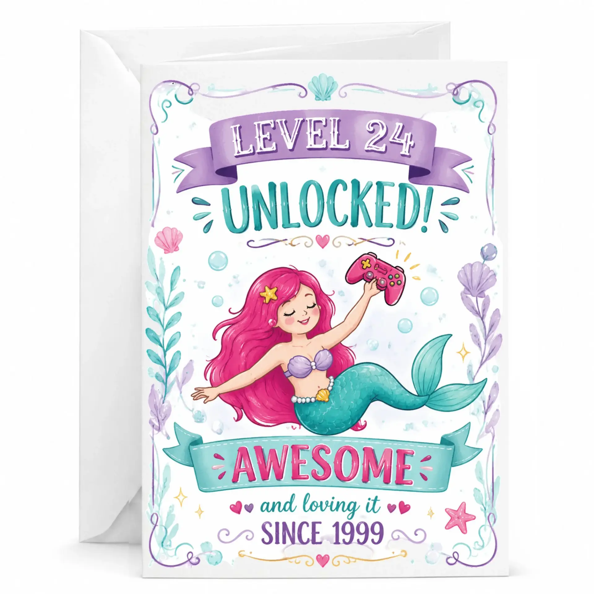 Birthday Card Level 24 Unlocked Gamer Mermaid Design 5x7 Folded Greeting Card for Milestone Celebration