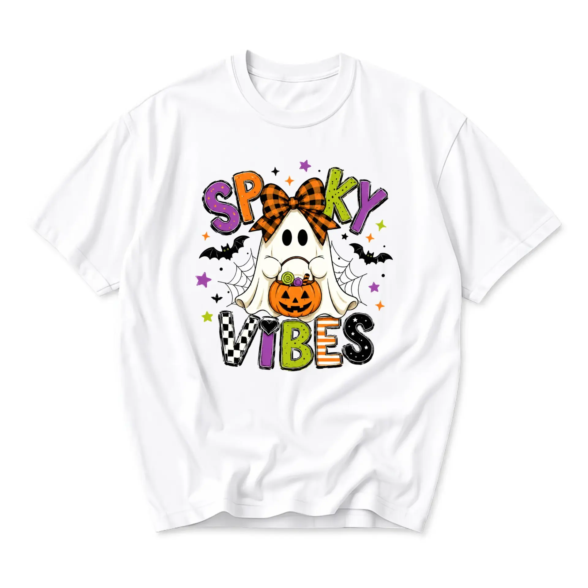 Graphic Tee Spooky Vibes Halloween Ghost Print Unisex Crew Neck Shirt for Casual Everyday Wear and Seasonal Holidays