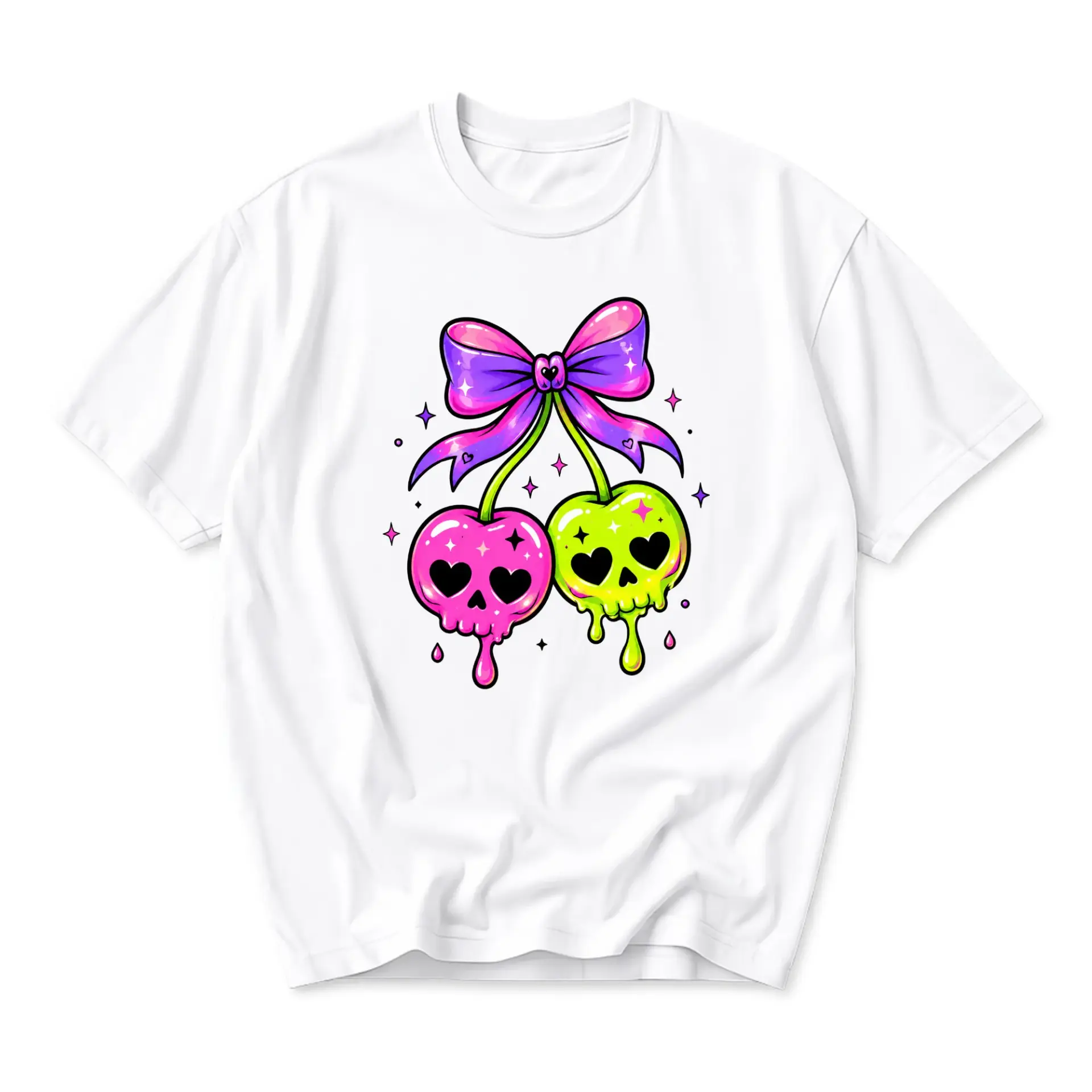Graphic Tee Unisex Crew Neck T-Shirt Featuring Colorful Melting Skull Cherries Design with Decorative Bow Detail