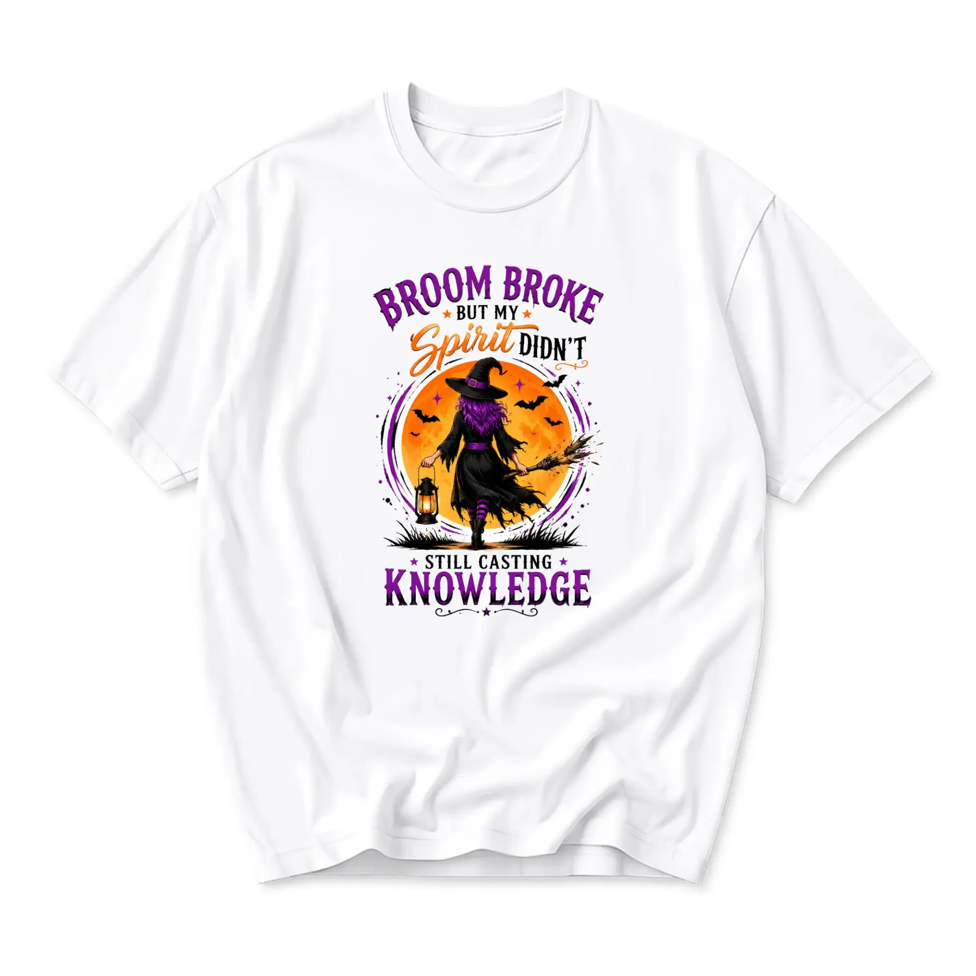 Funny Shirt Witch Broom Broke but My Spirit Did Not Graphic Printed Unisex Casual Crew Neck Comfortable Cotton Tee