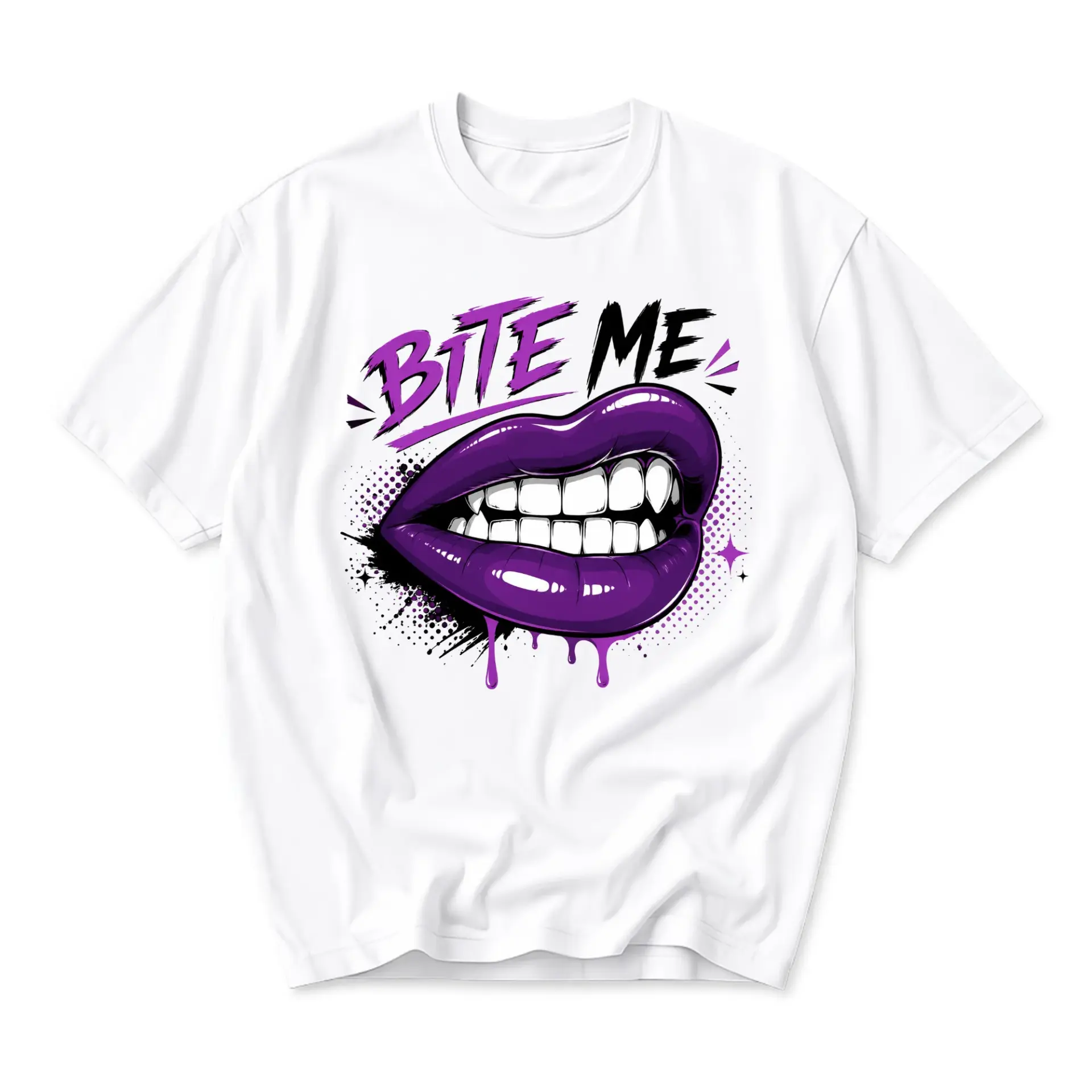Graphic Tee Bite Me Purple Lips Print Unisex Crew Neck Cotton Blend T-Shirt for Casual Everyday Wear and Self Expression