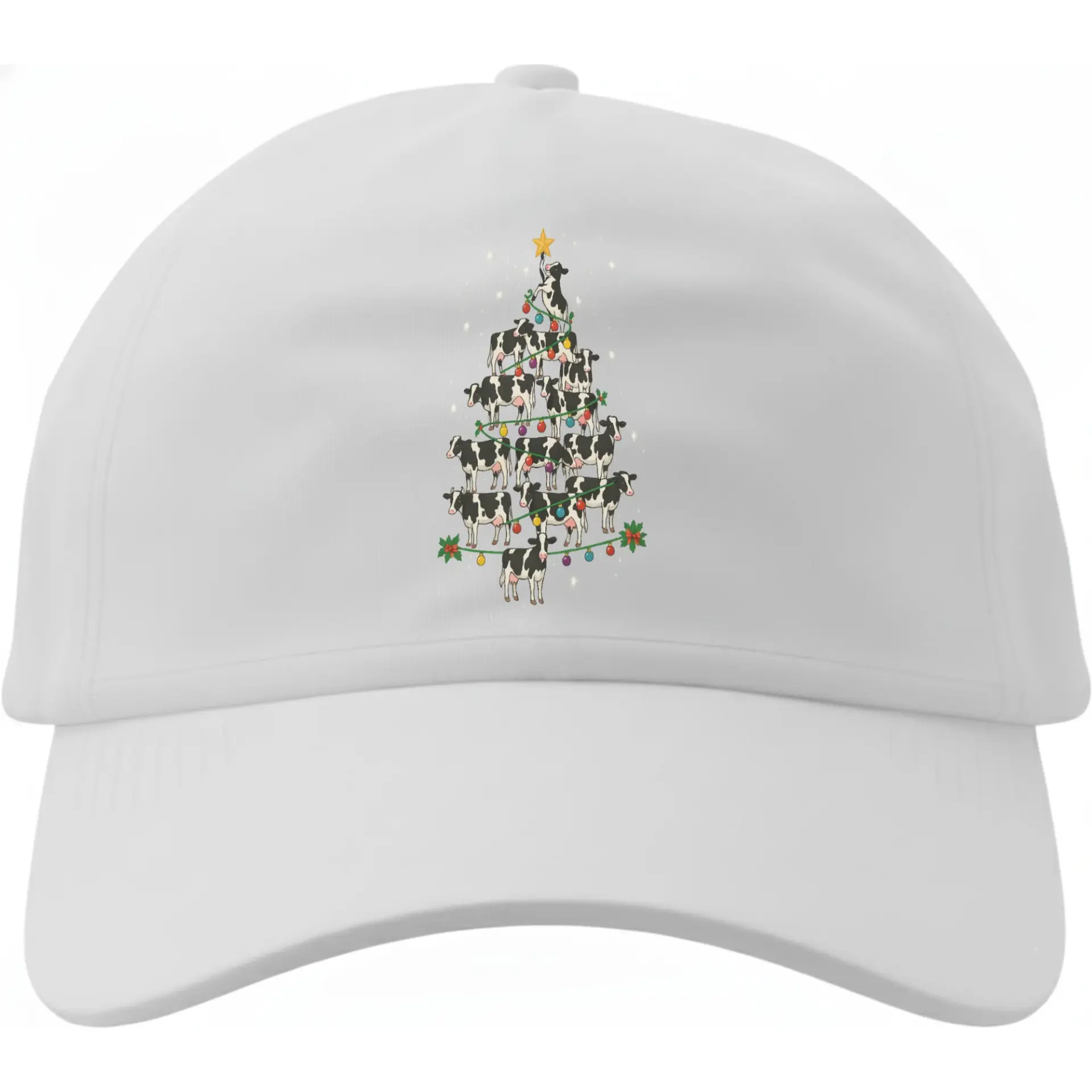 Baseball Cap Featuring Whimsical Christmas Tree Made of Dairy Cows Casual White Low Profile Hat for Daily Wear