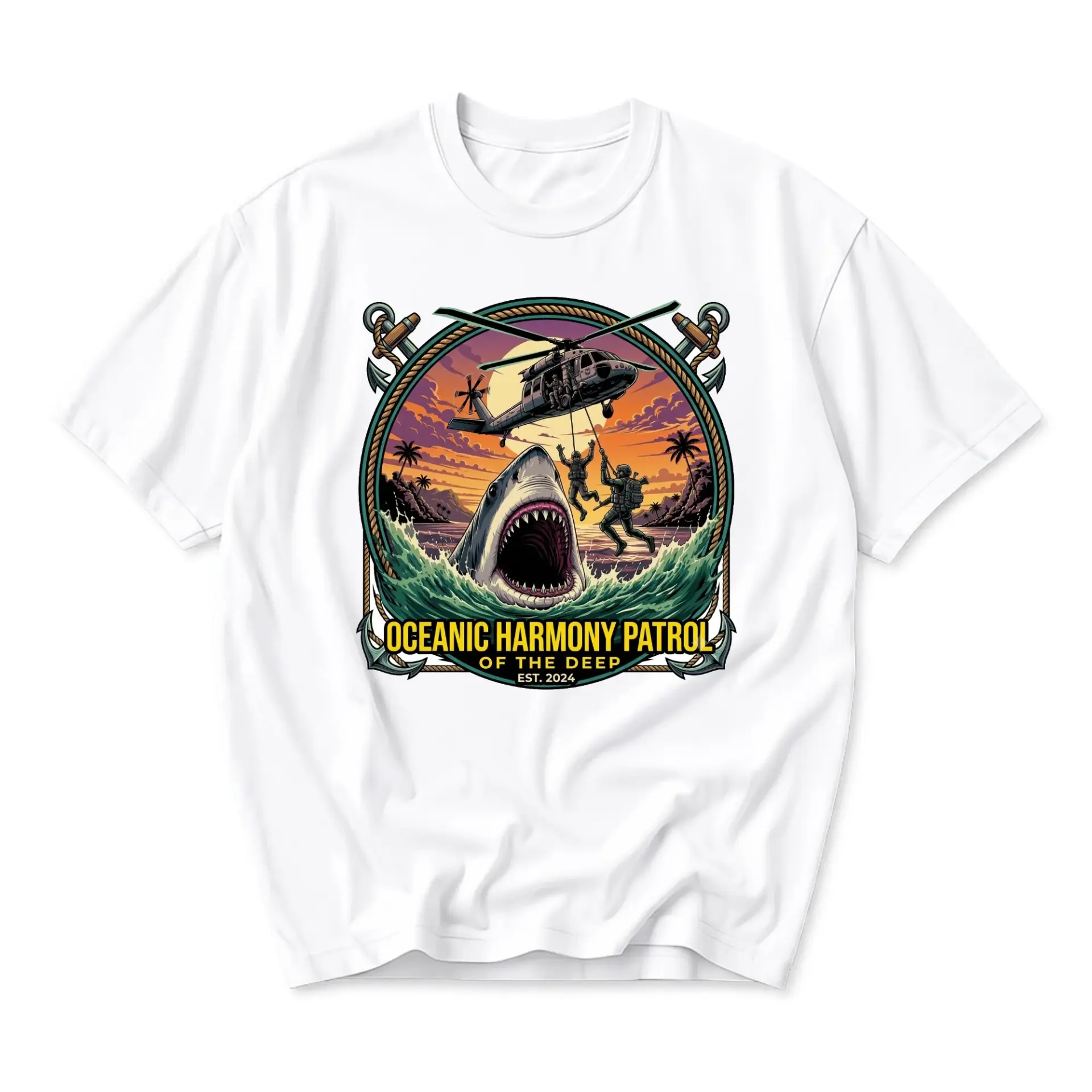 T-shirt Oceanic Harmony Patrol Graphic Tee Nautical Shark Helicopter Design Unisex Casual Crew Neck Apparel