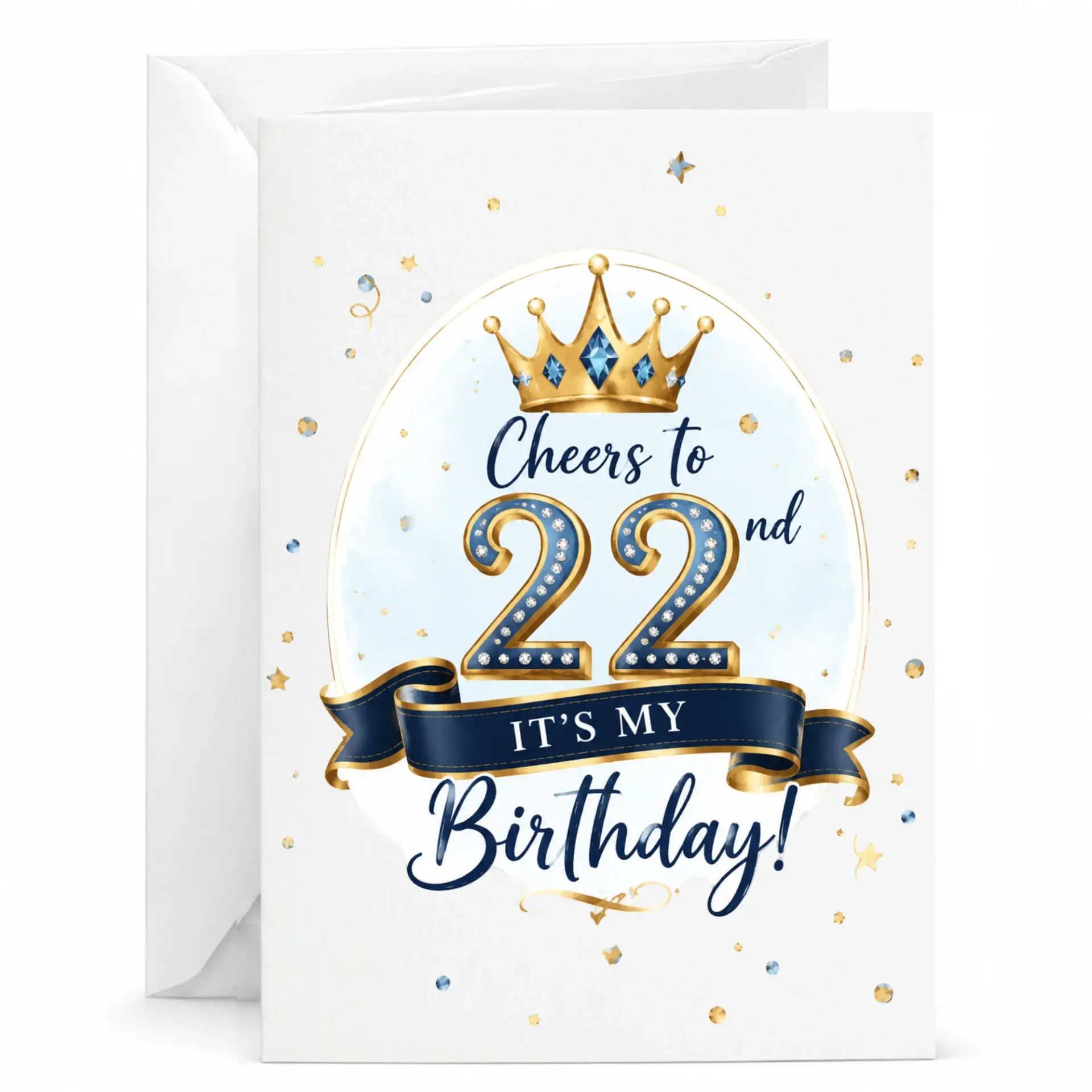 Birthday Card 22nd Birthday Greeting Card with Gold Crown and Navy Blue Ribbon Design for Special Celebration Occasions