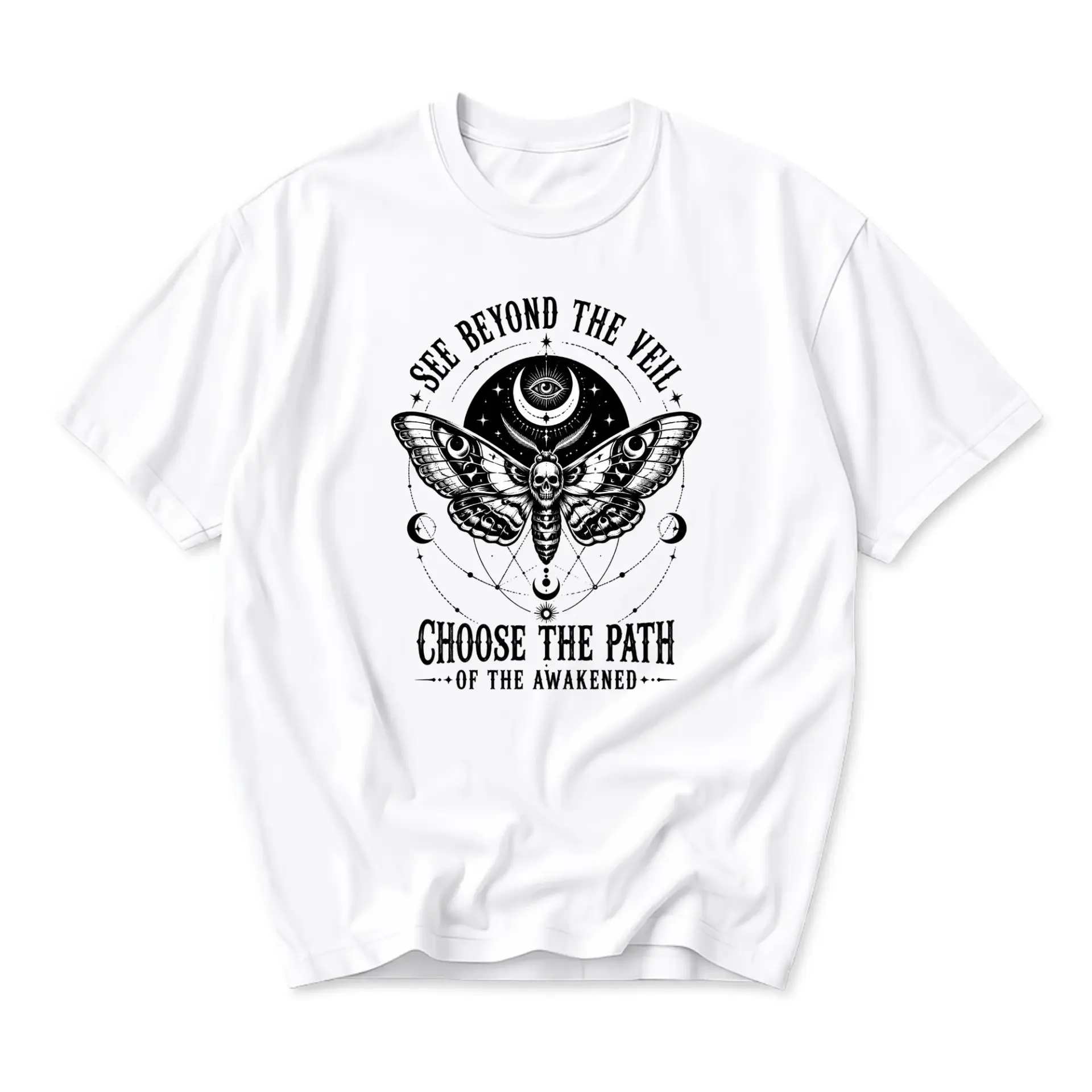 Graphic Tee See Beyond the Veil Moth Skull Unisex Cotton Shirt Celestial Mystical Botanical Design Casual Short Sleeve