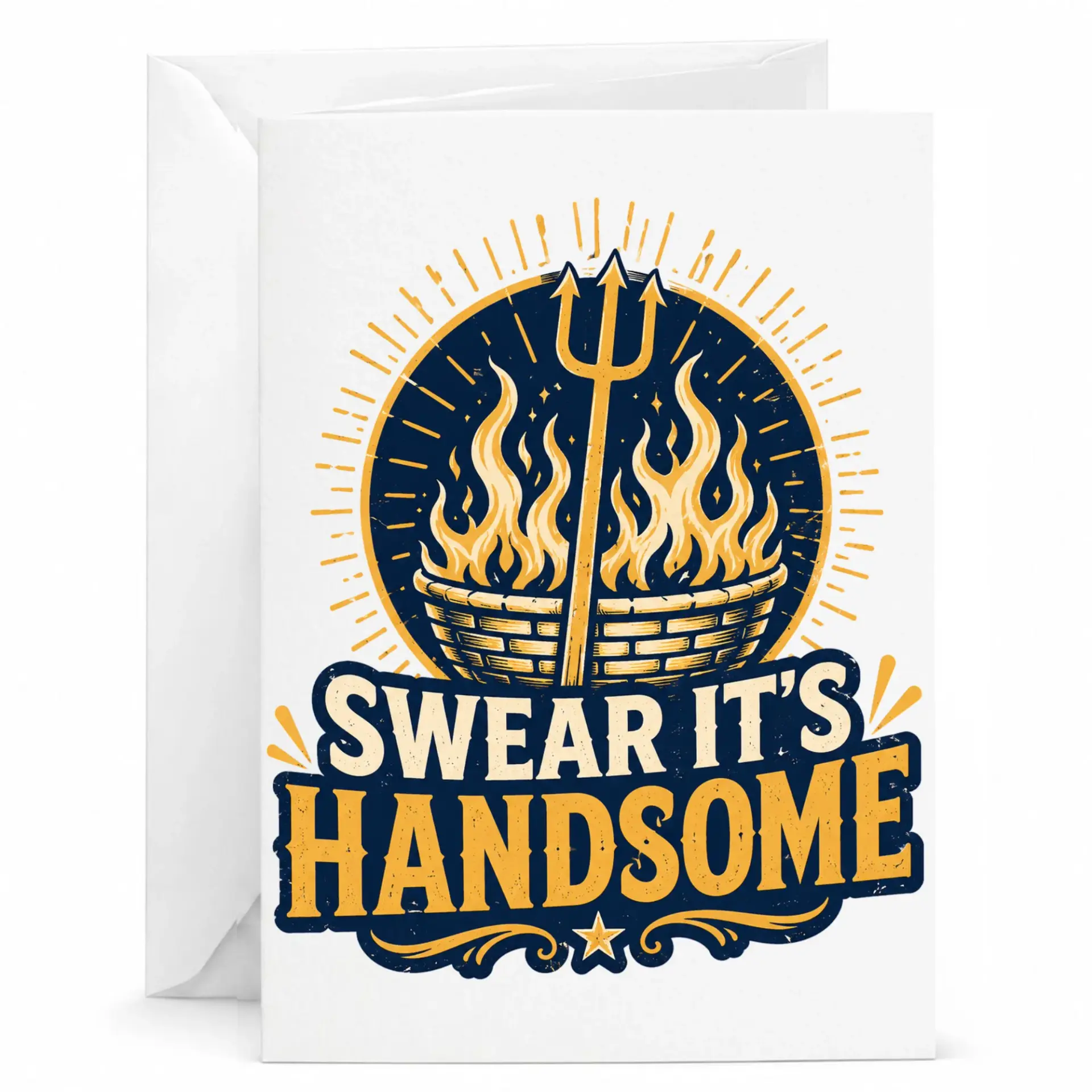 Funny Greeting Card Swear It Is Handsome Devilish Fire Illustration Heavyweight Cardstock Note