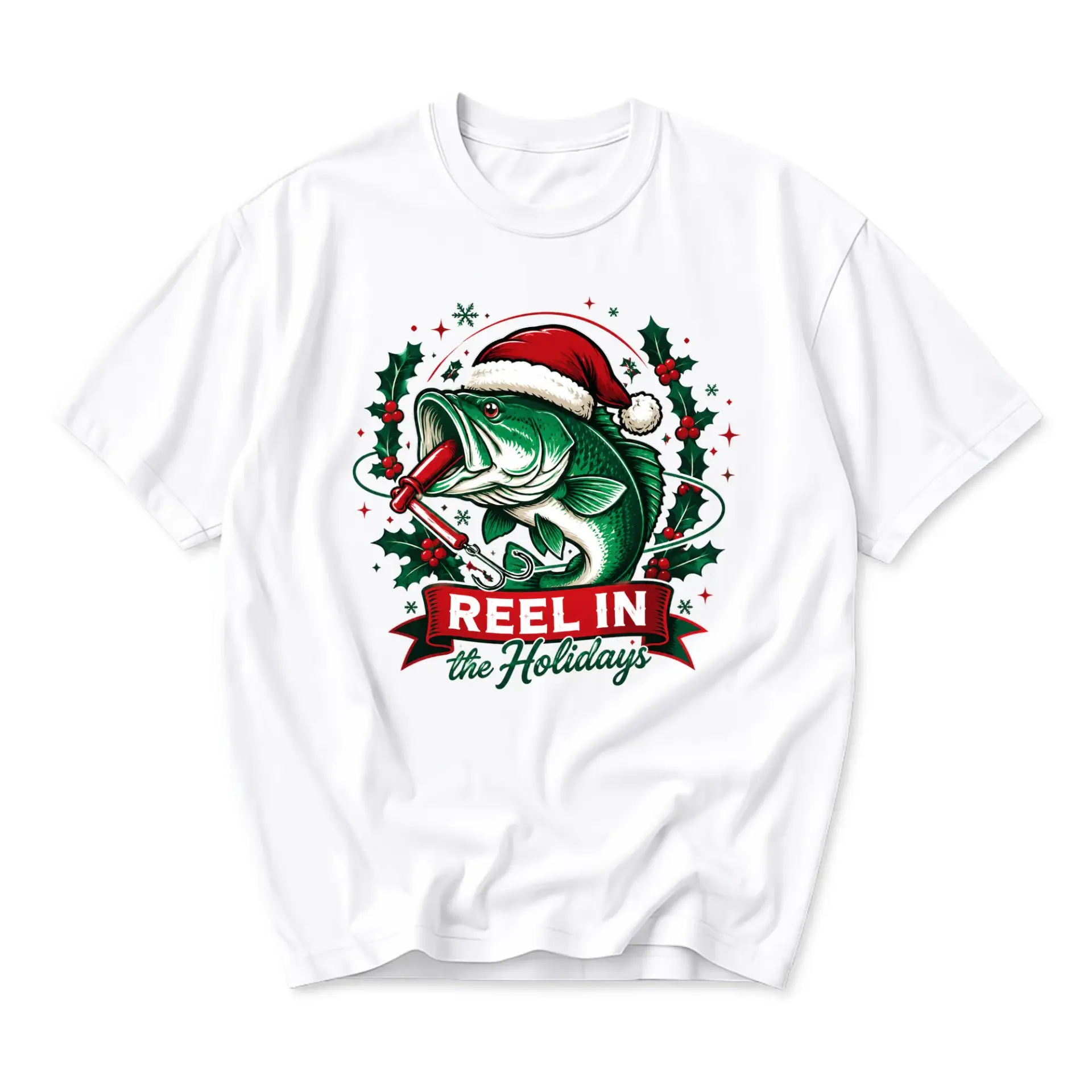 Funny Shirt Reel in the Holidays Bass Fishing Graphic Tee Unisex Casual Crew Neck Holiday Season Christmas Gift Apparel