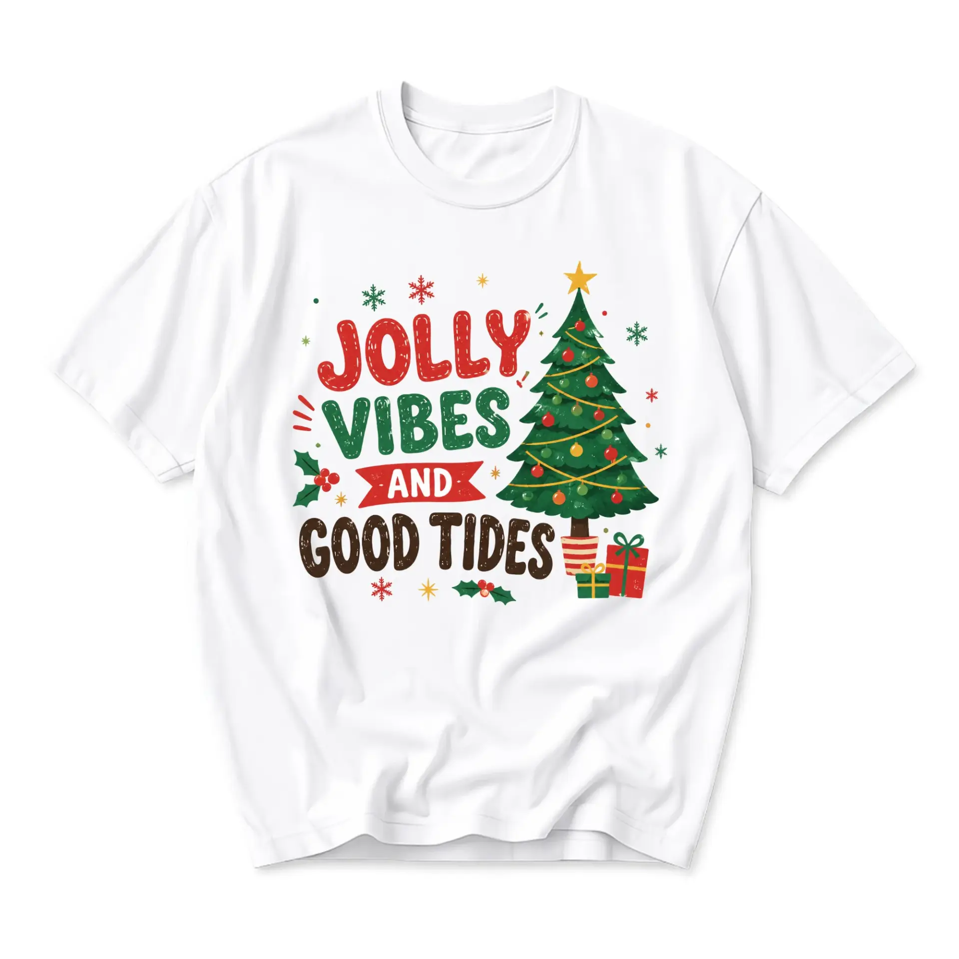 Graphic Tee Jolly Vibes and Good Tides Christmas Tree Unisex Crew Neck Shirt for Casual Holiday Season Everyday Wear