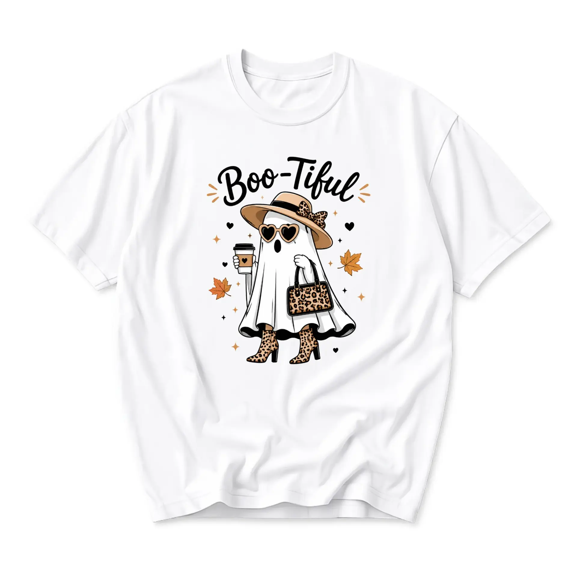 Funny Shirt Boo-Tiful Ghost Graphic Tee Aesthetic Fall Fashion Unisex Crew Neck Short Sleeve Casual Cotton Apparel