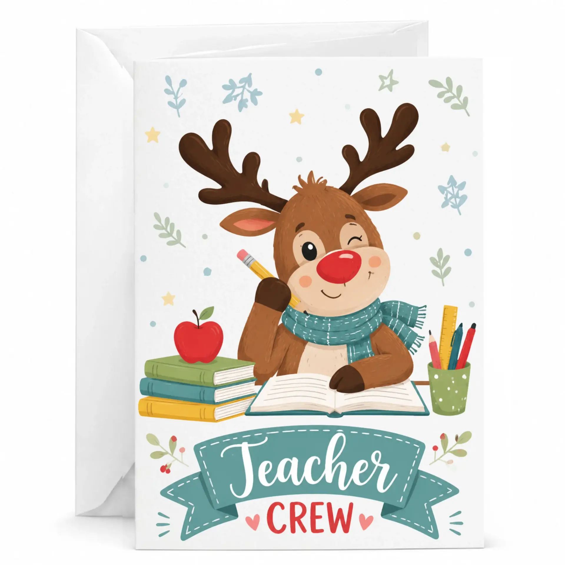 Thank You Greeting Card for Educators Featuring Cute Reindeer Design with Books and School Supplies Illustration