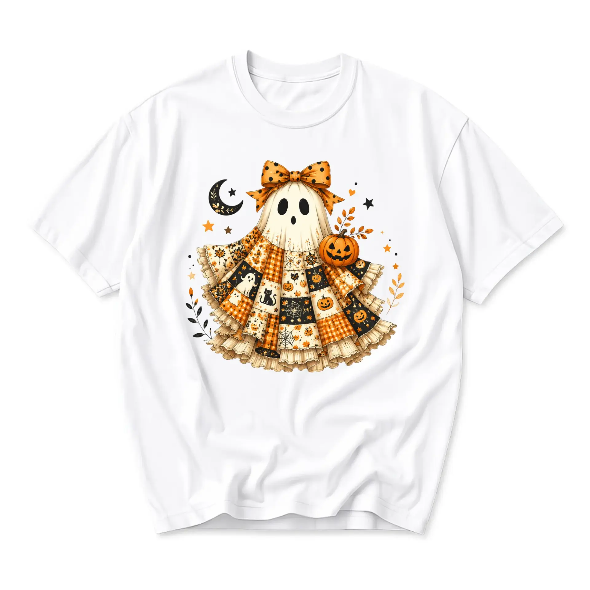 Graphic Tee Unisex Halloween Ghost Shirt with Pumpkin Patch Quilt Pattern Casual Fall Holiday Seasonal Crew Neck Top
