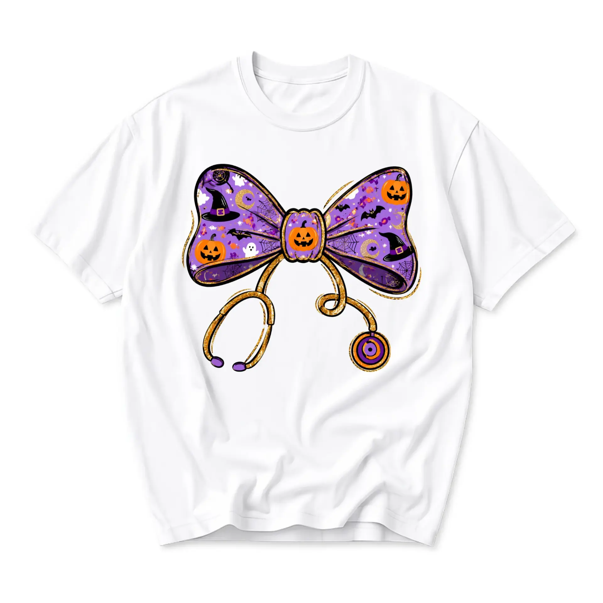 T-shirt Unisex Graphic Tee Featuring Halloween Stethoscope Bow Design for Healthcare Professionals and Enthusiasts