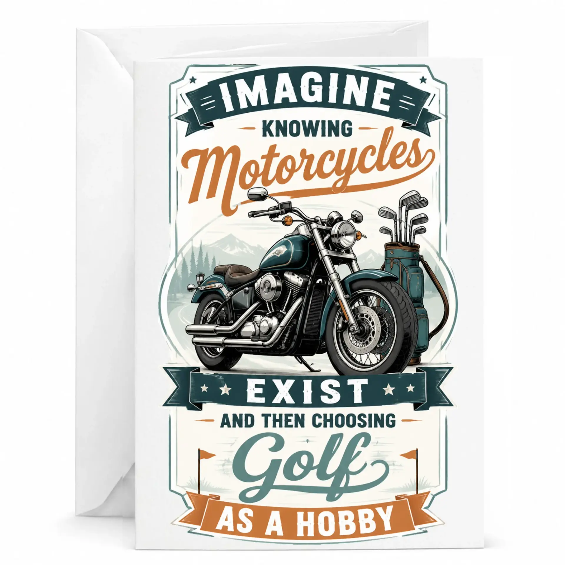 Funny Motorcycle Greeting Card Humorous Hobby Theme Note for Golf Enthusiasts and Biker Friends