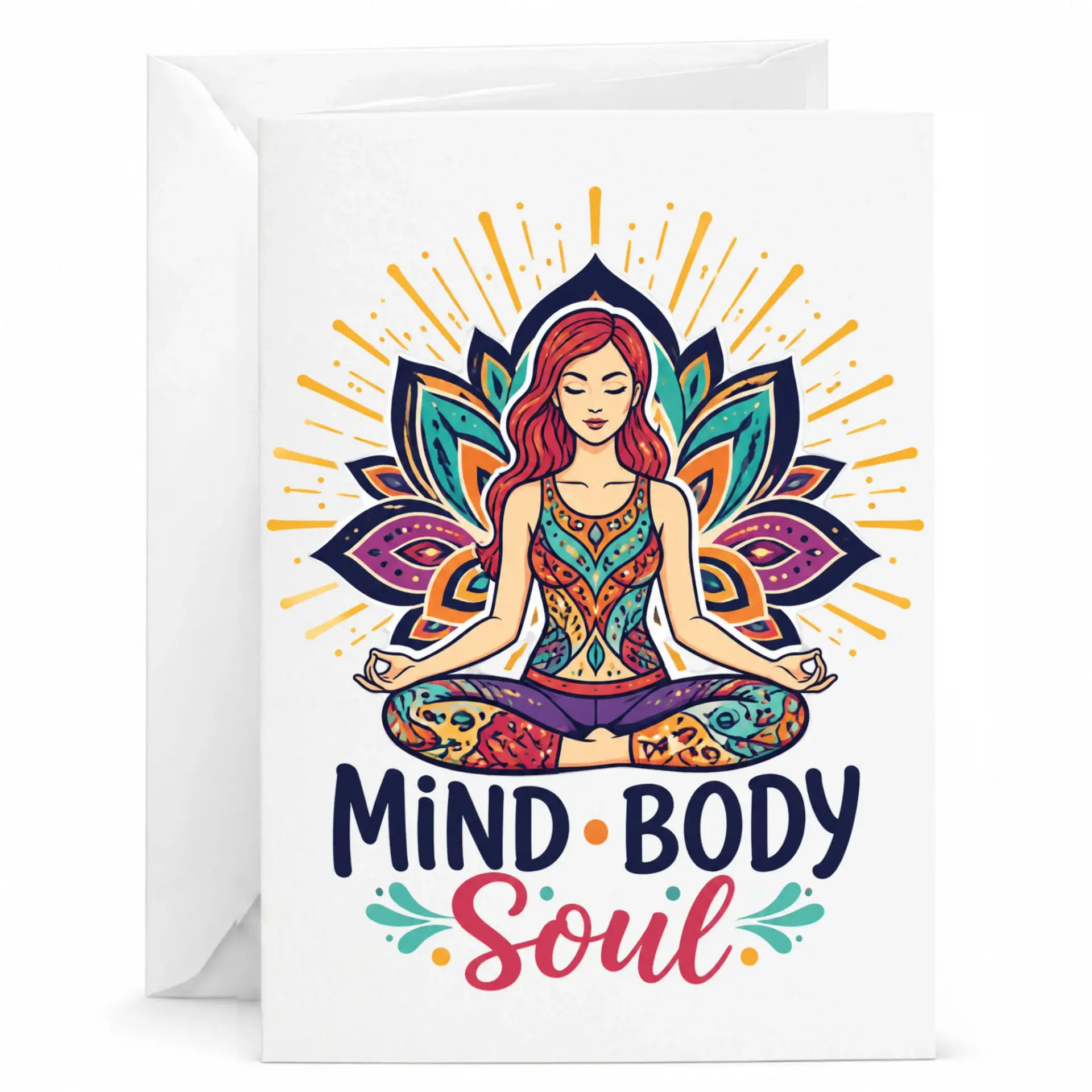 Greeting Card Mind Body Soul Yoga Meditation Wellness Illustration Folded Card for Mindfulness and Relaxation