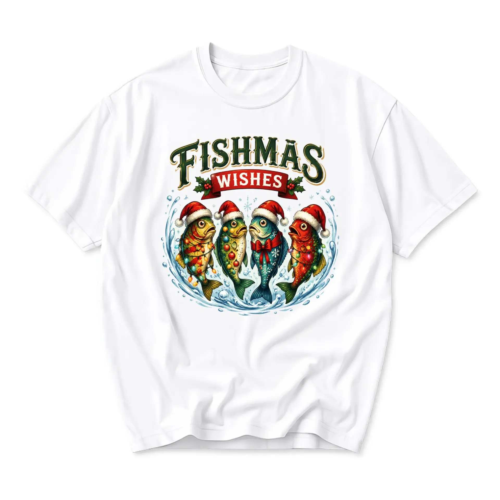 Funny Shirt Fishmas Wishes Graphic Tee Unisex Holiday Crew Neck Top Festive Apparel for Casual Everyday Wear