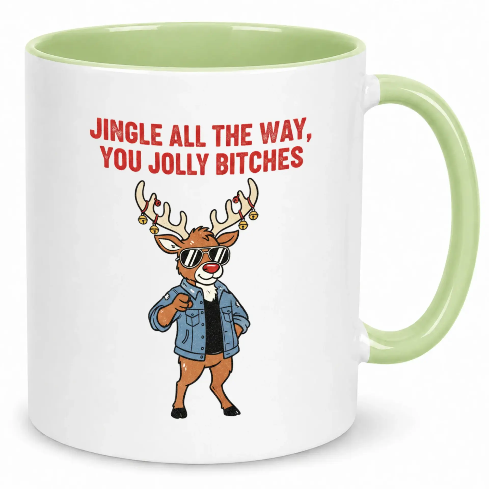 Funny Christmas Ceramic Coffee Mug with Reindeer Wearing Sunglasses and Denim Jacket, Adult Holiday Humor Beverage Cup for Friends & Family