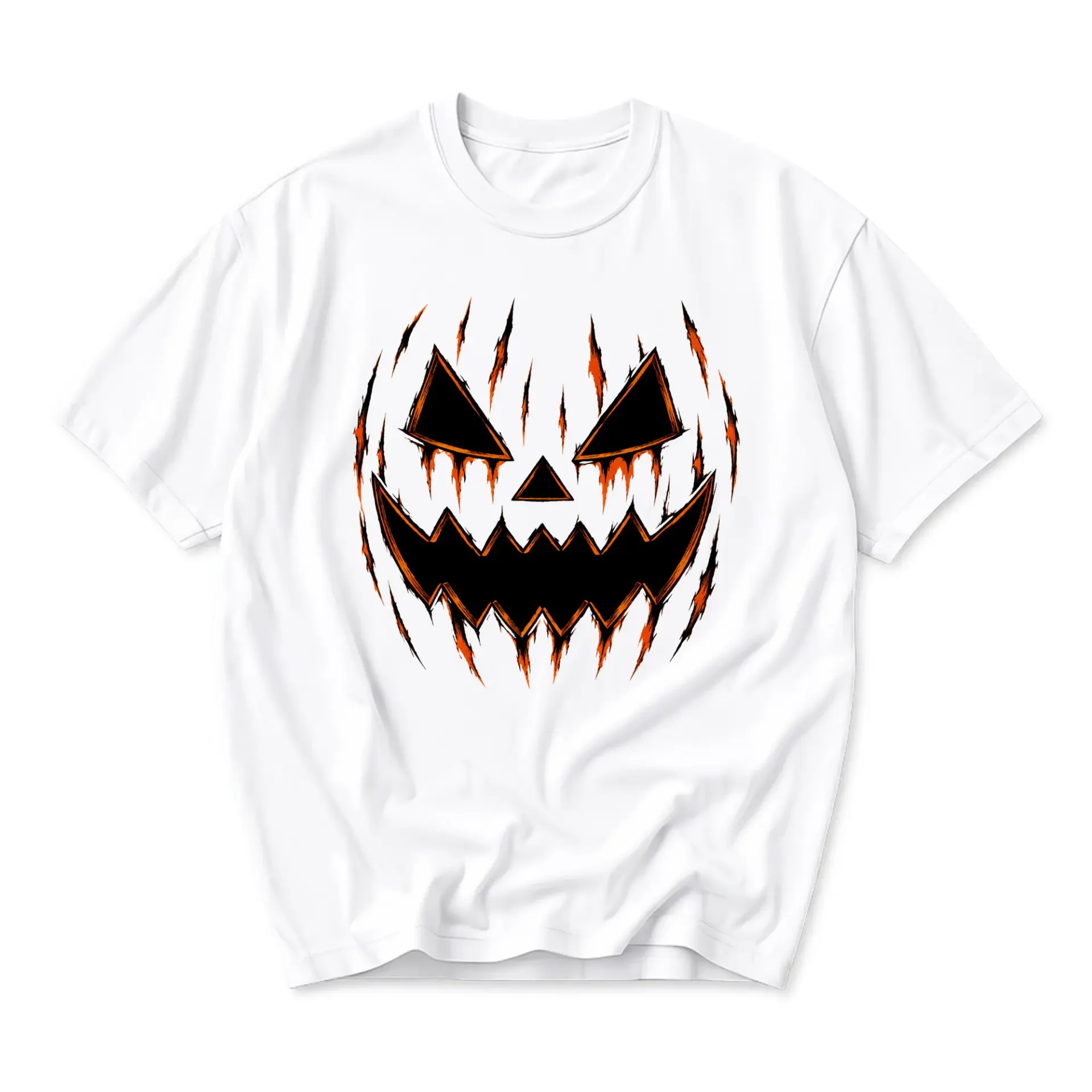 Graphic Tee Unisex Halloween Pumpkin Face T-Shirt Scary Jack O Lantern Distressed Claw Mark Print Casual Crew Neck
