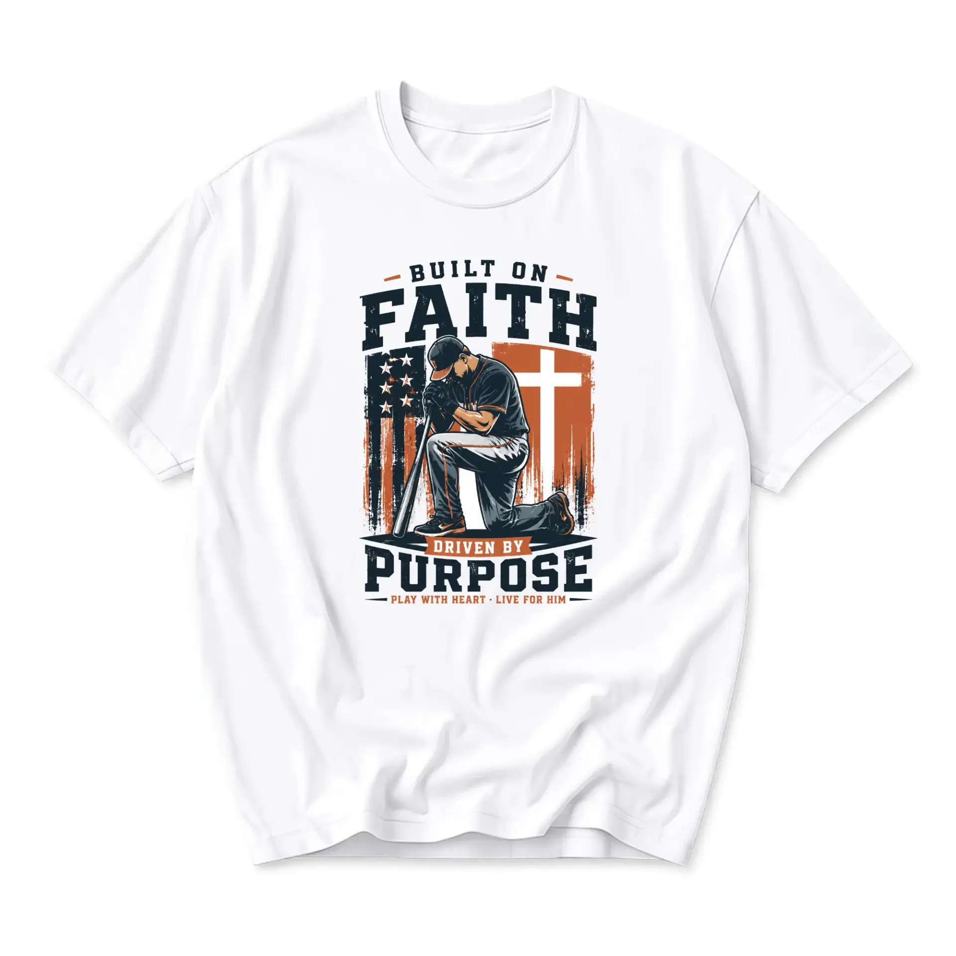 Graphic Tee Built on Faith Driven by Purpose Baseball Player Design Unisex Crew Neck Short Sleeve Casual Cotton Shirt