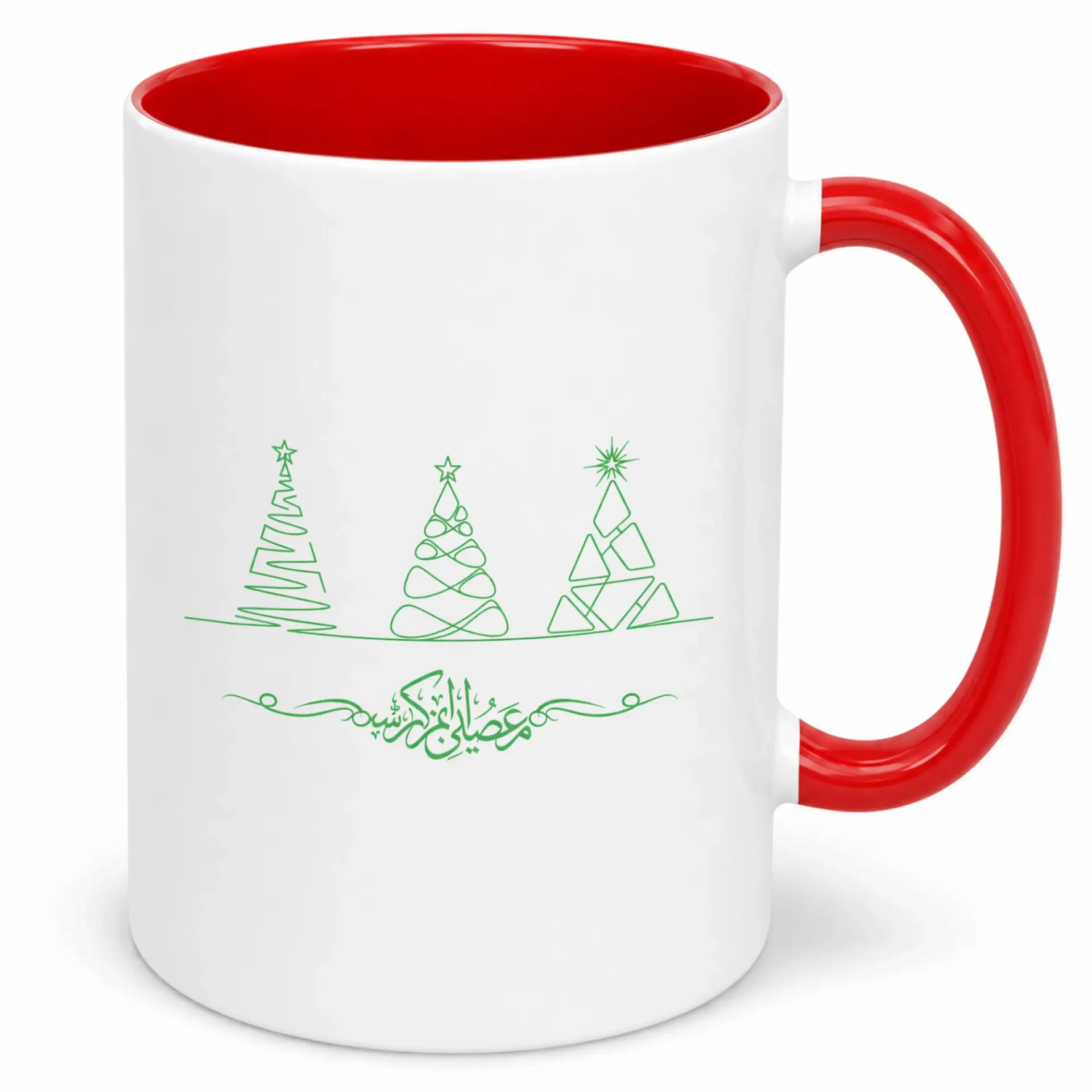 Ceramic Coffee Mug, Green Christmas Tree Line Art with Arabic Script Design, 11 Oz or 15 Oz Festive Holiday Drinkware