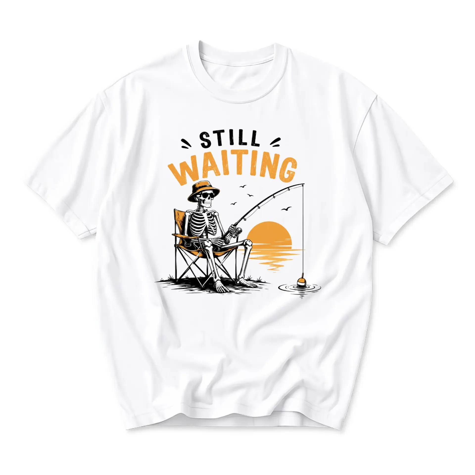 Funny Shirt Still Waiting Skeleton Fisherman Graphic Tee for Casual Wear and Everyday Style in Comfortable Cotton