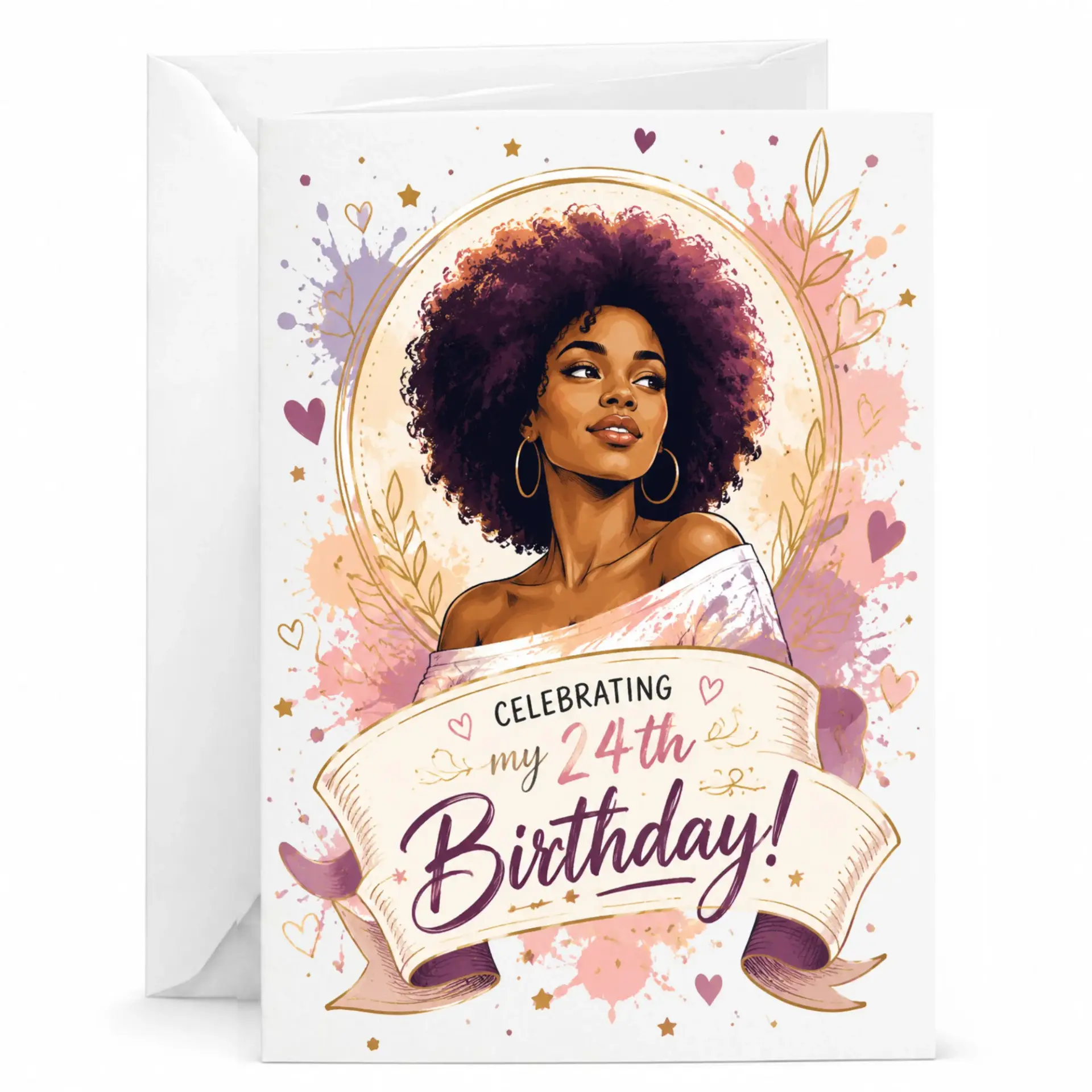 Birthday Card Celebrating 24th Birthday Elegant Portrait Illustration Greeting Card with Matching White Envelope