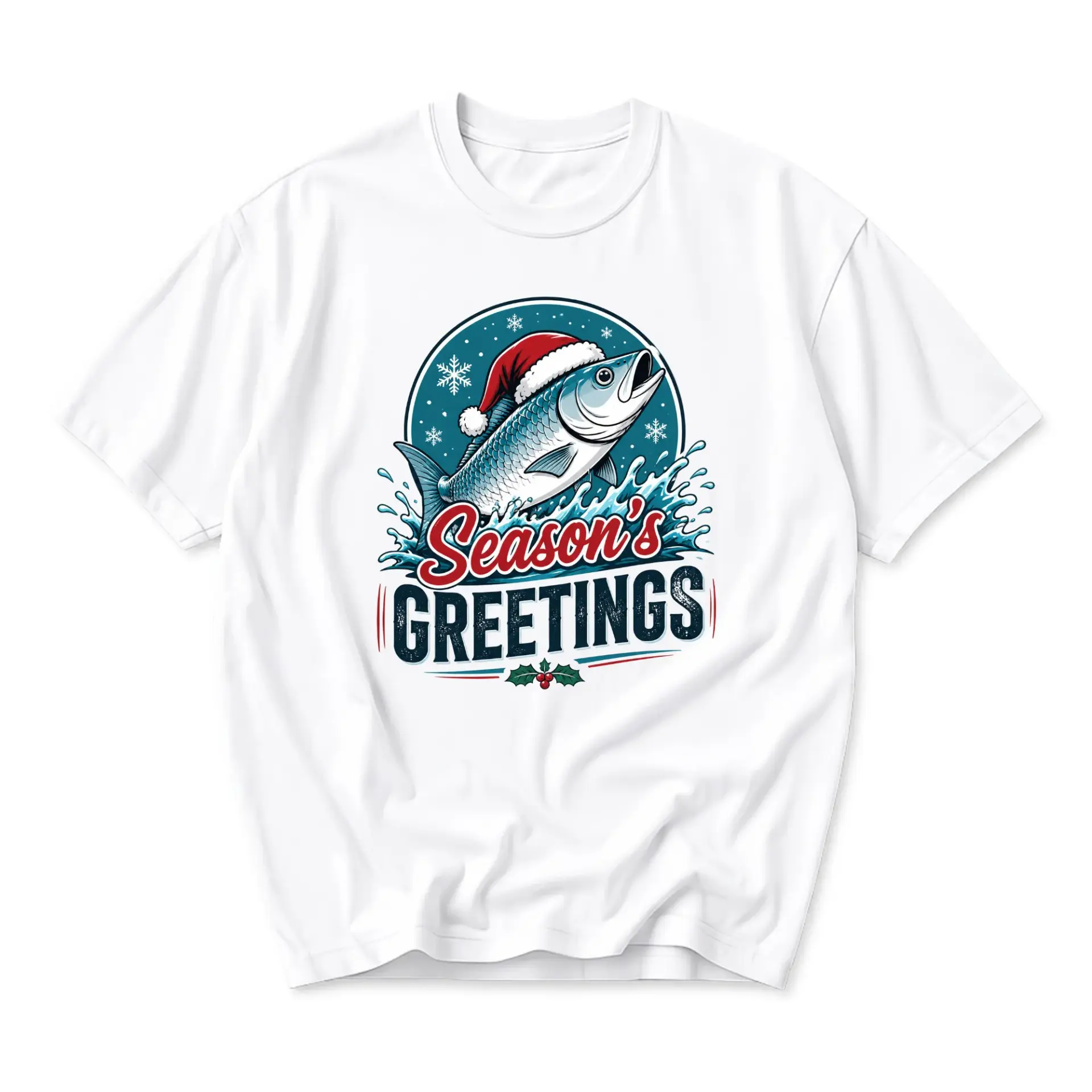 Funny Shirt Season's Greetings Fishing Christmas Graphic Tee for Holiday