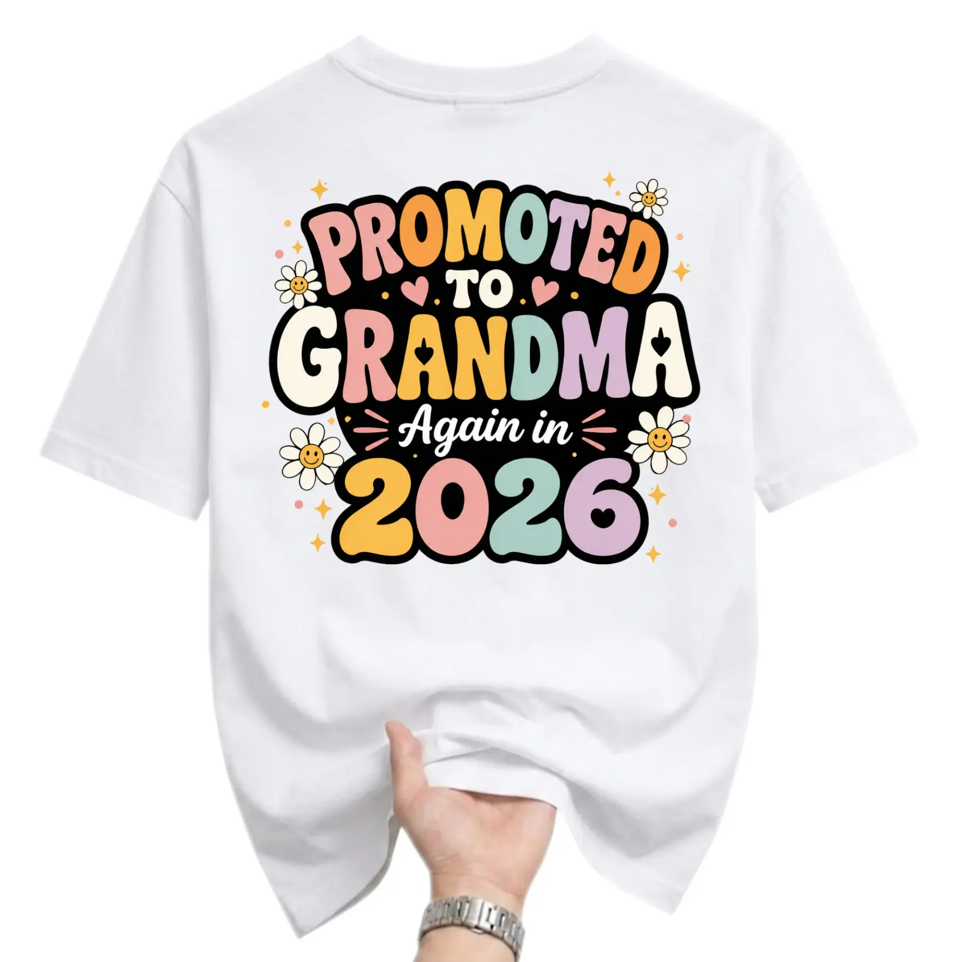Graphic Tee Promoted to Grandma Again in 2026 Retro Floral Design Unisex Casual Crew Neck Comfortable Cotton Shirt