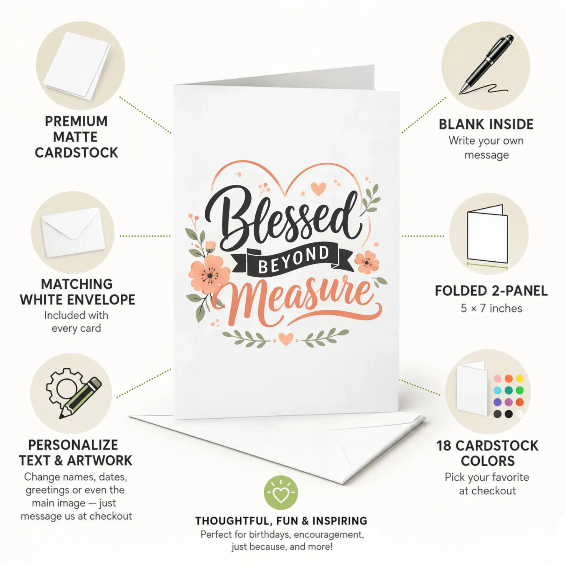 Blessed Beyond Measure Greeting Card with Floral Heart Illustration for Appreciation and Celebration 5x7 Inch Note