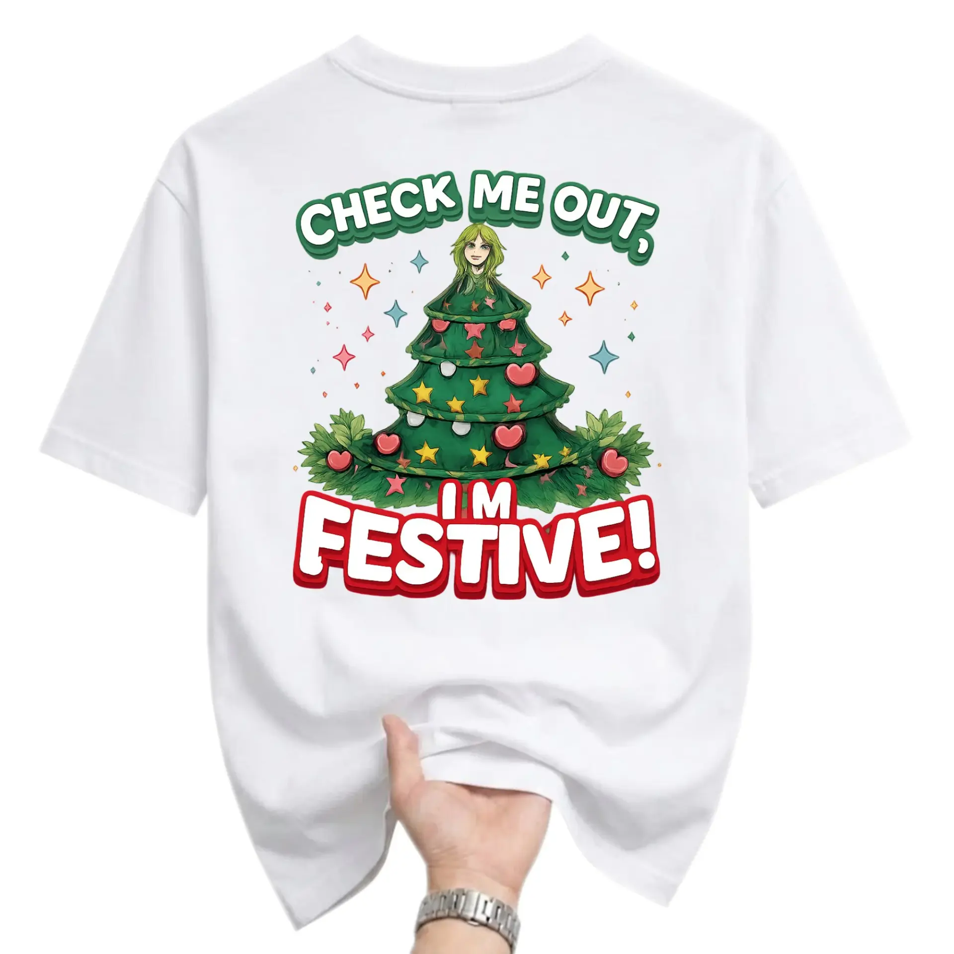 Funny Shirt Check Me Out I'm Festive Christmas Tree Graphic Tee Unisex Crew Neck Short Sleeve Casual Holiday Apparel