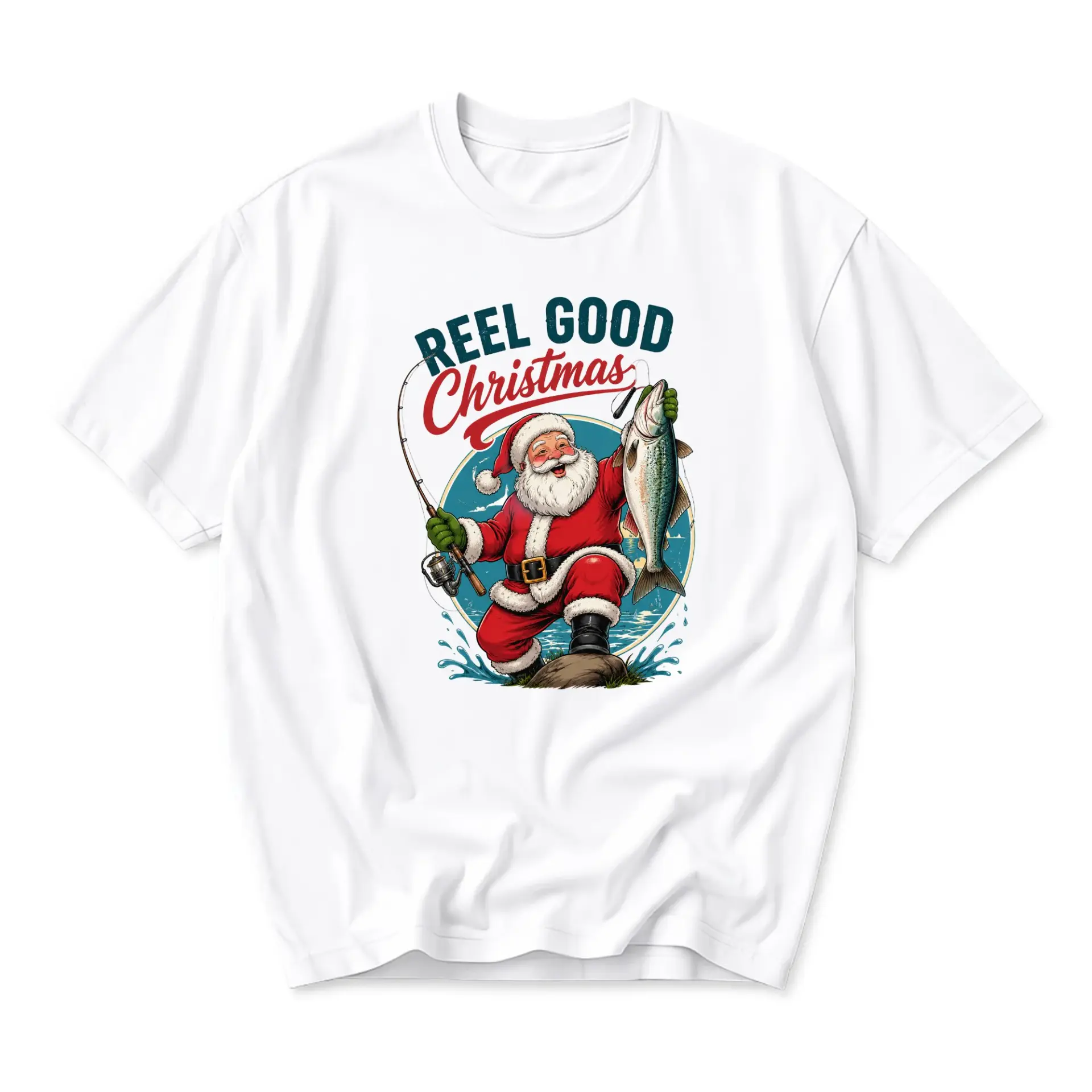 Graphic Tee Reel Good Christmas Fishing Santa Claus Holiday Unisex Crew