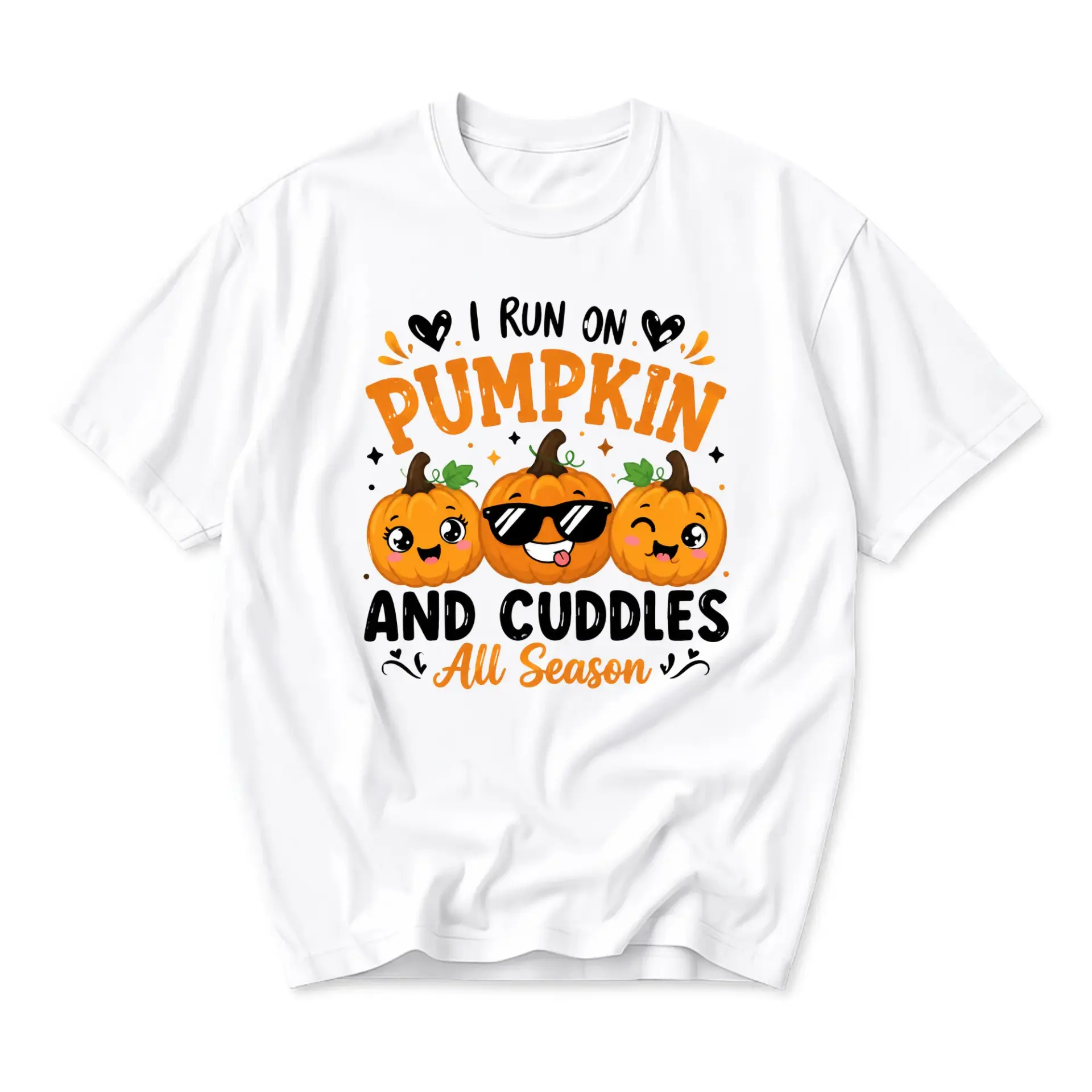 Graphic Tee I Run on Pumpkin and Cuddles All Season Funny Fall Autumn Holiday Unisex Crew Neck Casual Cotton Shirt