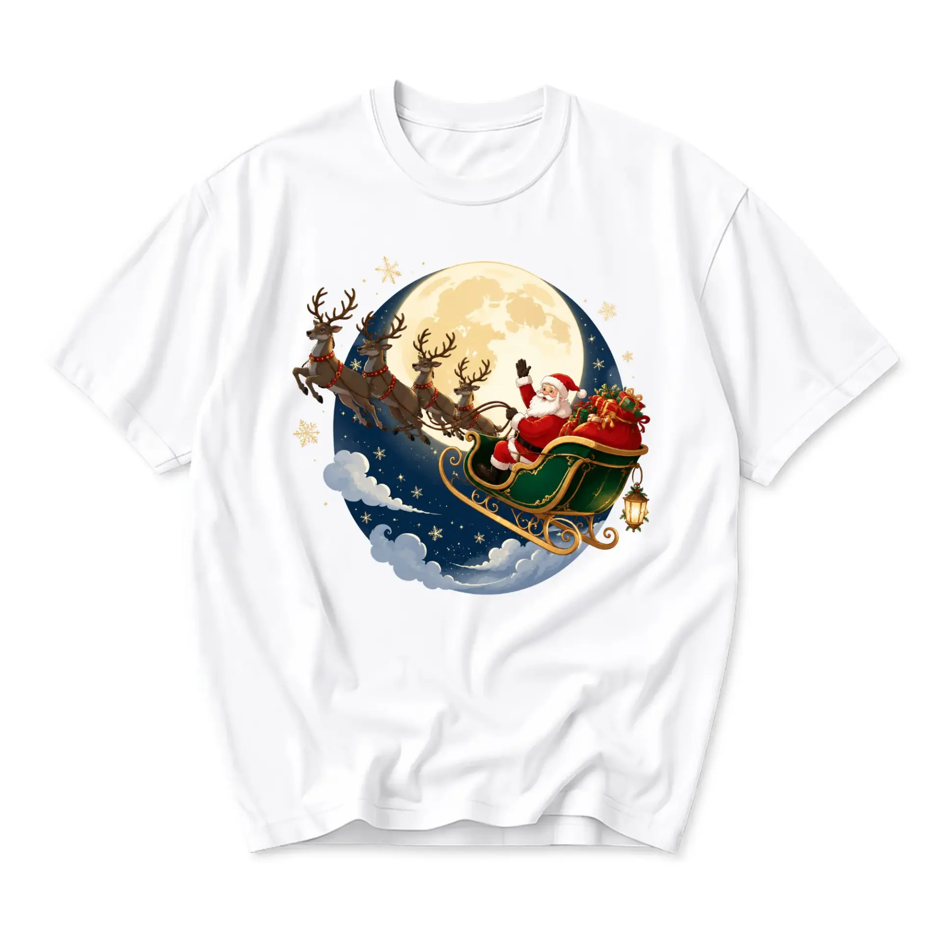 Graphic Tee Santa Claus Sleigh Christmas Moon Unisex Crew Neck Casual Everyday Holiday Short Sleeve Cotton Shirt