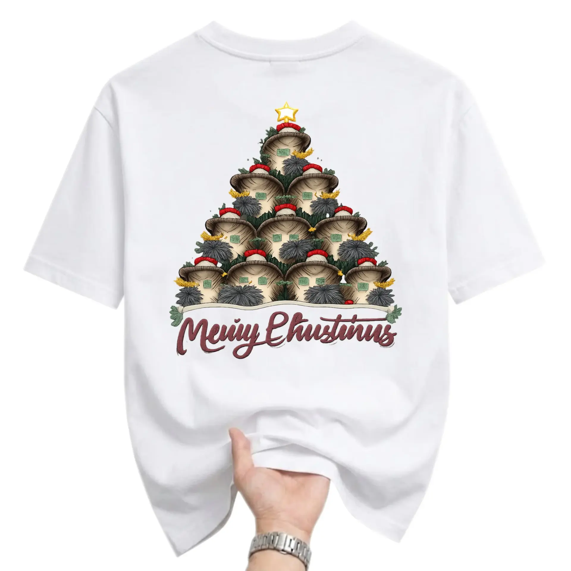 Funny Shirt Mushroom Christmas Tree Graphic Tee Seasonal Holiday Apparel for Men and Women Casual Cotton Crew Neck Top