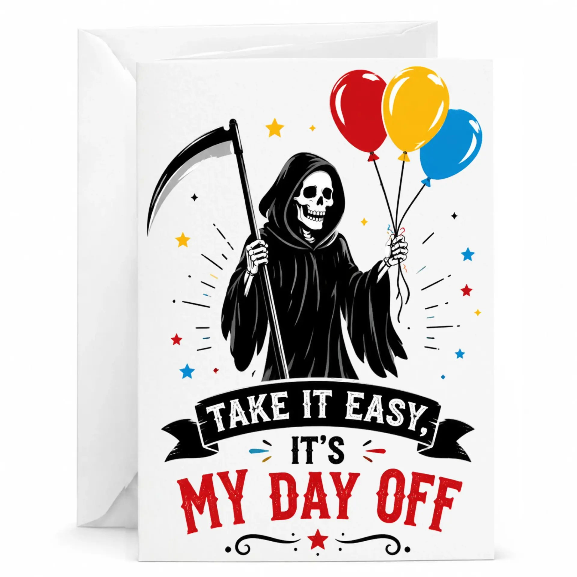 Funny Grim Greeting Card with Balloons Humorous Birthday Stationery for Friends 5x7 Inch Folded Note